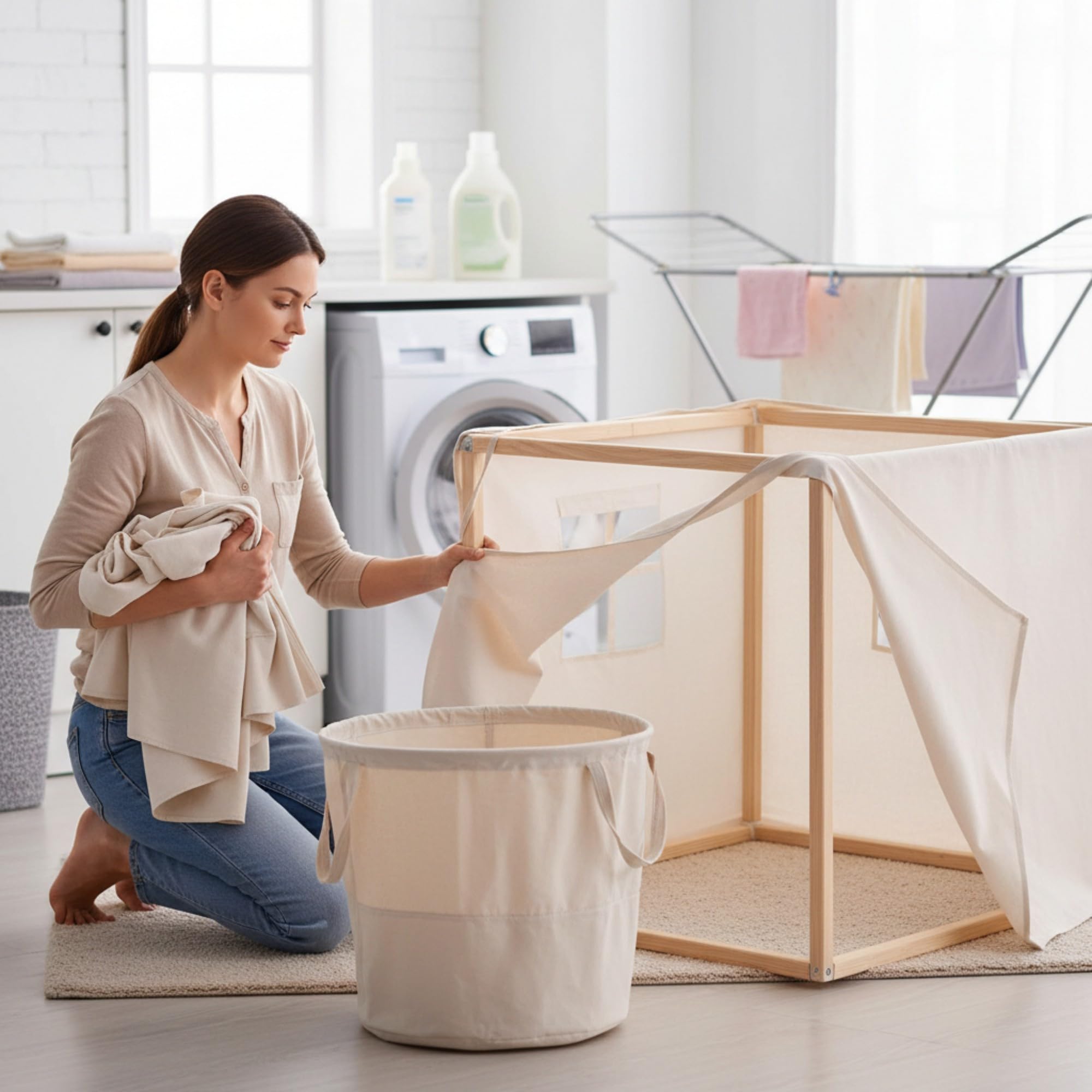 TIENDA EURASIA – Cabaña Infantil | Forma de Casita Diempi | Beige Claro | 77x77x115 cm | Lona de Algodón y Poliéster | Estructura de Madera de Pino | Fácil de Montar y Desmontar | Apta para Lavadora