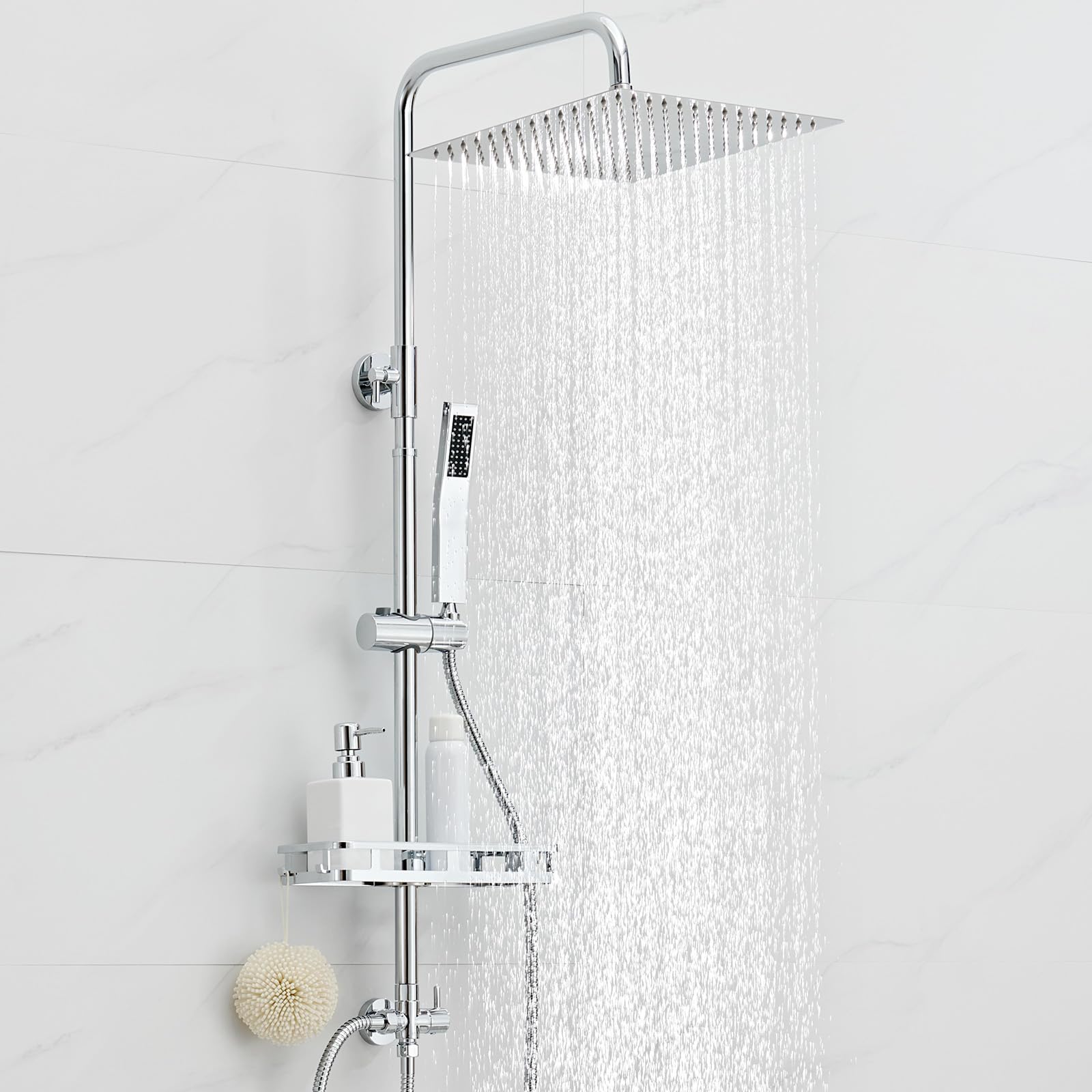 Auralum Columna Ducha Sin Grifo, Rociador de Ducha 30x30cm Acero Inoxidable 304, Alcachofa Ajustable y Estante Sin Taladro, Barra Ducha 62-102cm Compatible Orificios Existentes para Bañera, Cromo