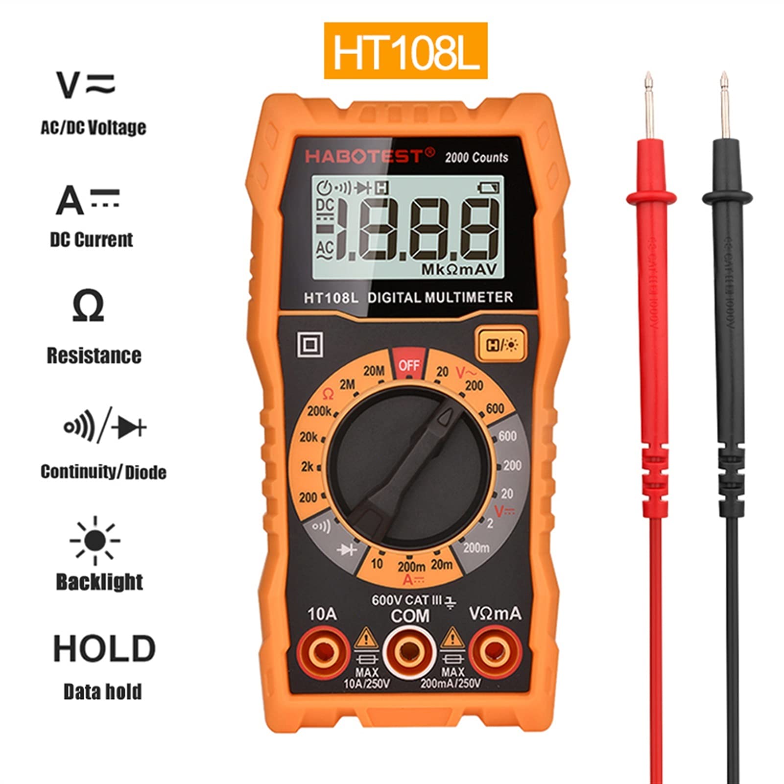 Multimetro digitale, Digital Multimetro habotest Tester Attrente Professionale Automotive Elevata precisione Ohm Hz Capacitange Meter(HT108L Basic)
