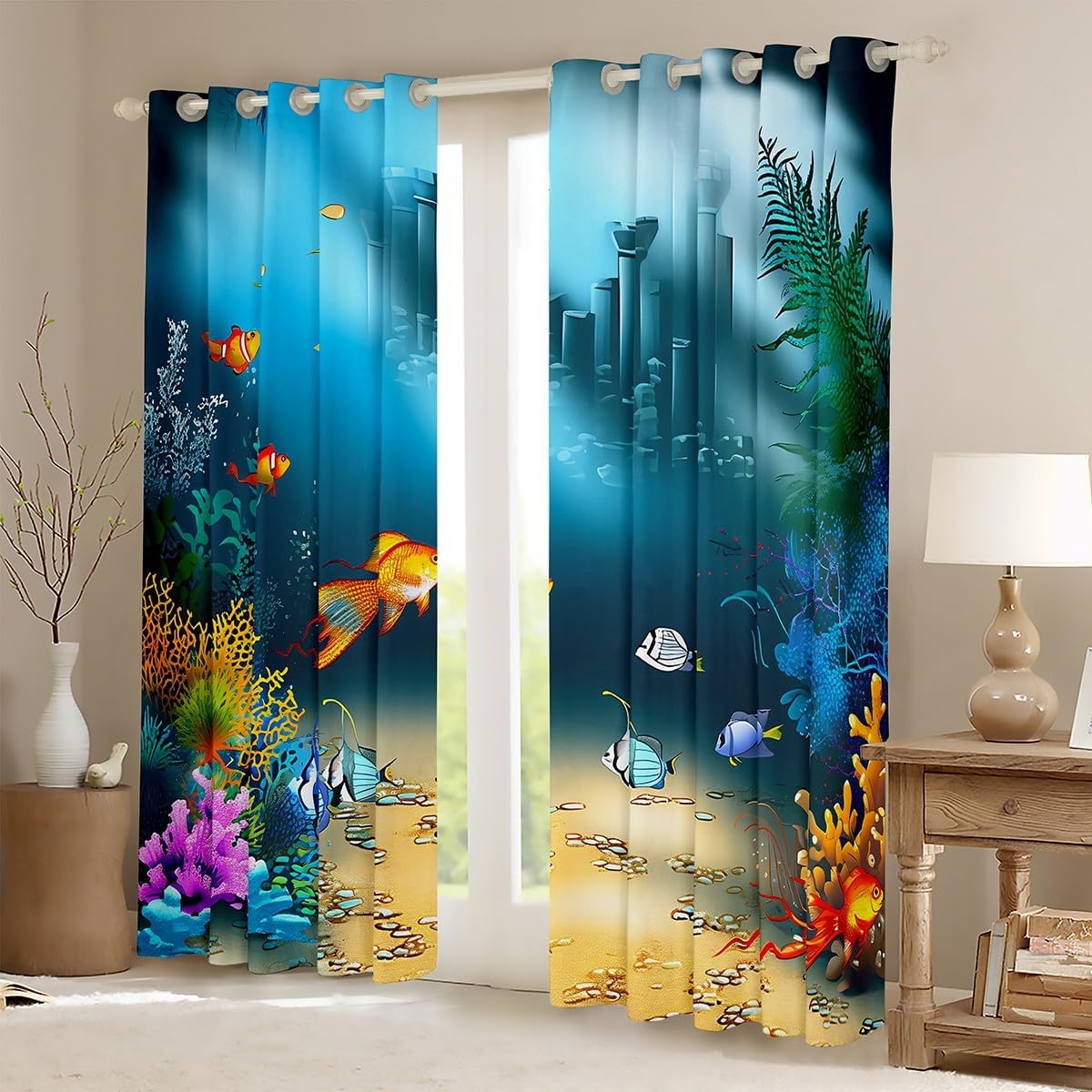 Feelyou Ocean Curtain for Bedroom Sea Creature Fish Floral Print Curtain for Kids Boys Girls Underwater Animal Thermal Curtain Sealife Drapes,42 X 63 Inch,2 Panels