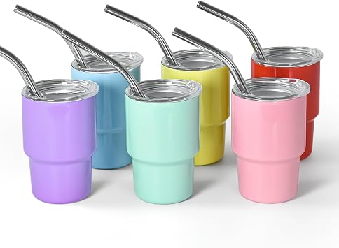 AGH 3 oz Mini Tumbler Shot Glass with Straw and Lid Colored Stainless Steel Sublimation Tumblers Cute Double Wall Vacuum Insulated Cups, 6 Pack