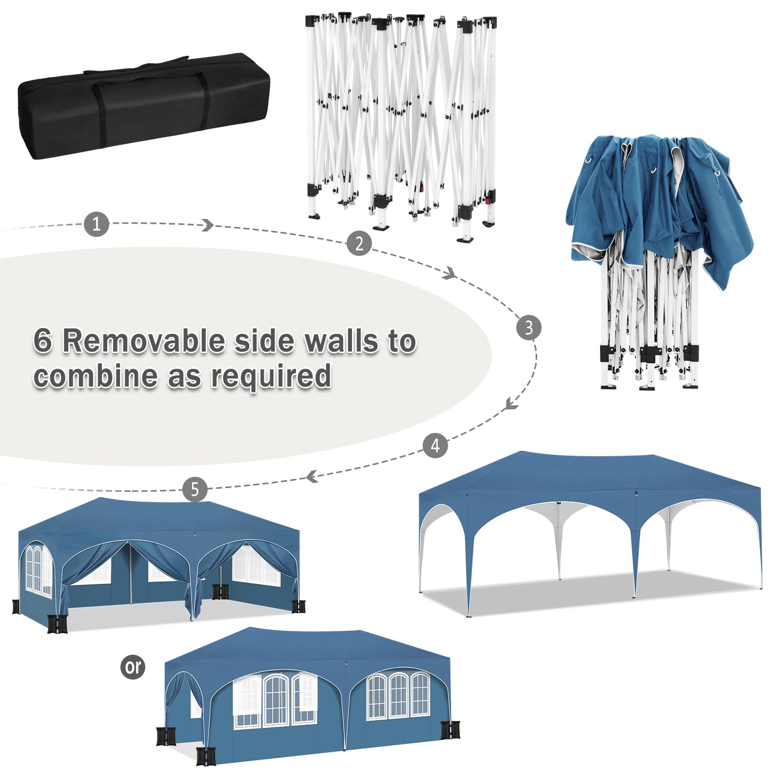 WOLTU Pabellón de Jardín Cenador Plegable Pérgola con Techo Carpa para Exteriores de Tela Oxford 3x6m,con Paredes Laterales, Camping y Playa,4PCS Bolsas de Arena Vacía para Carpas,Azul