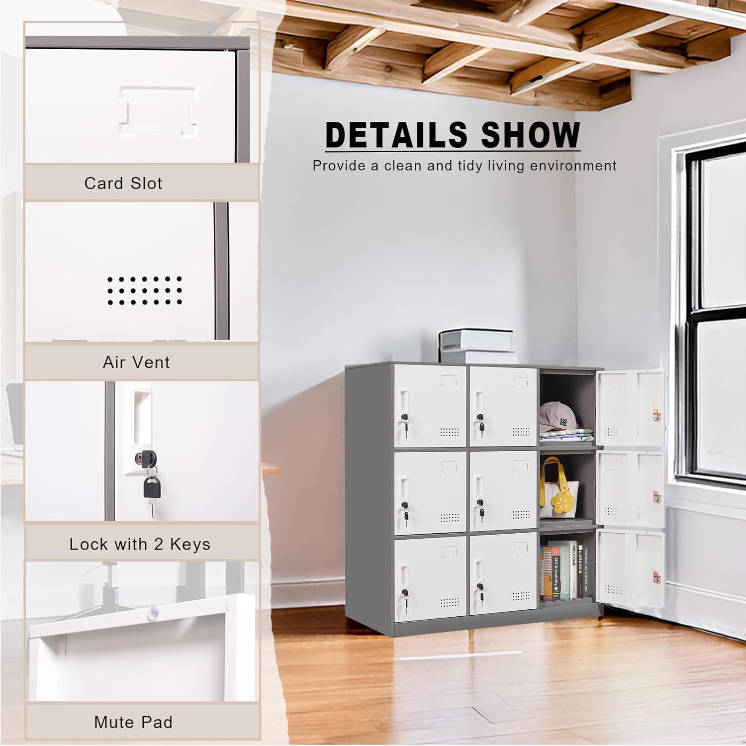 Student Locker Organizer, Multi-Door Steel Locker, Small Locking Cabinet Storage Organizer, Office File Cabinet, Home Locker, Gym Locker, Metal Storage Locker (9 Door, Grey & White)