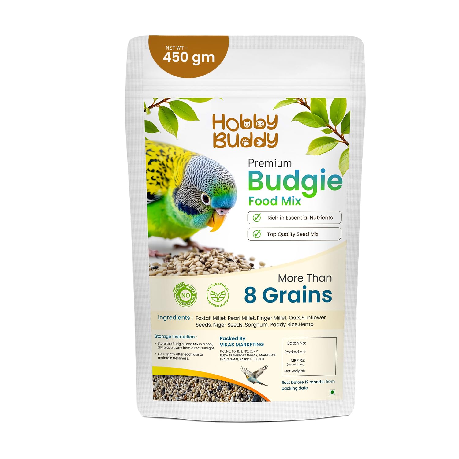 Hobby Buddy Premium Budgie Bird Food for all Birds Mix 450gm, Healthy and Natural Bird Feed Seed Blend with Foxtail Millet, Sunflower Seed, and Whole Complete Nutrition, Birds food for all Life Stages