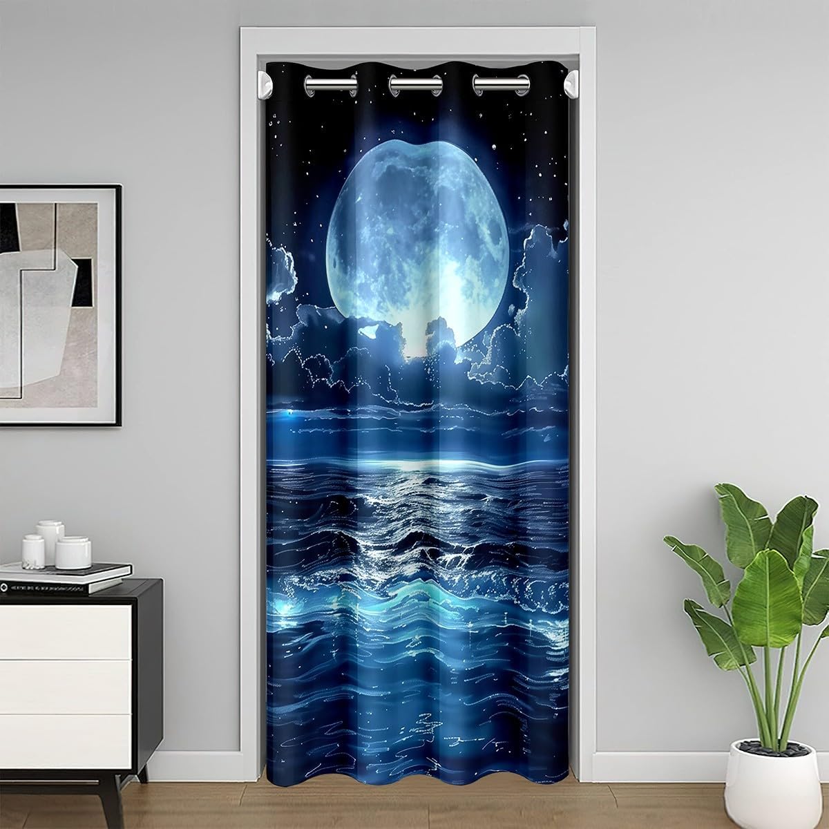 Feelyou Beach Moonlight Door Curtain for Doorway Privacy 52" x 84" Coastal Ocean Seagull Closet Door Cover Curtain for Bedroom Living Room Natural Landscape Room Divider Curtain Cover