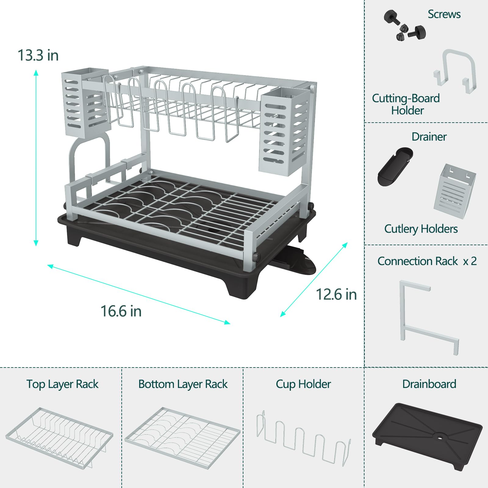 Escurridor de platos de 2 niveles con escurridor y soportes para fregadero, escurridor de platos grande de acero inoxidable para encimera de cocina, ahorro de espacio y resistente a la corrosión