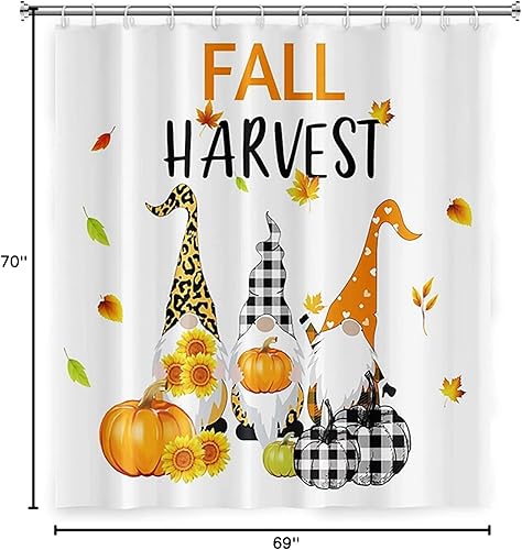 Vista 61 de Yeele Cortinas de ducha de otoño de Acción de Gracias, bonita cortina de ducha de gnomo y calabaza para baño, borde de rejilla blanca y negra