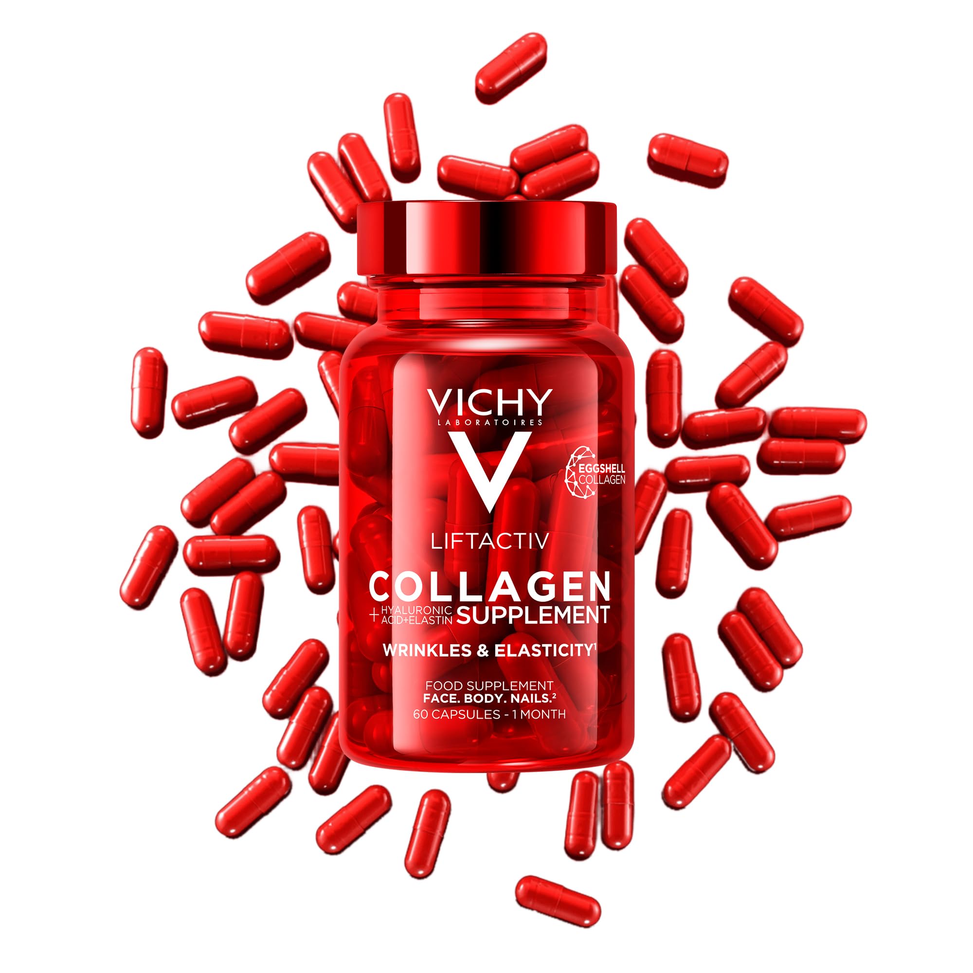 Vichy Liftactiv Suplemento de Colágeno para suavizar la apariencia de las arrugas, tonificar el cuerpo y reafirmar las uñas, para hombres y mujeres, 60 cápsulas.