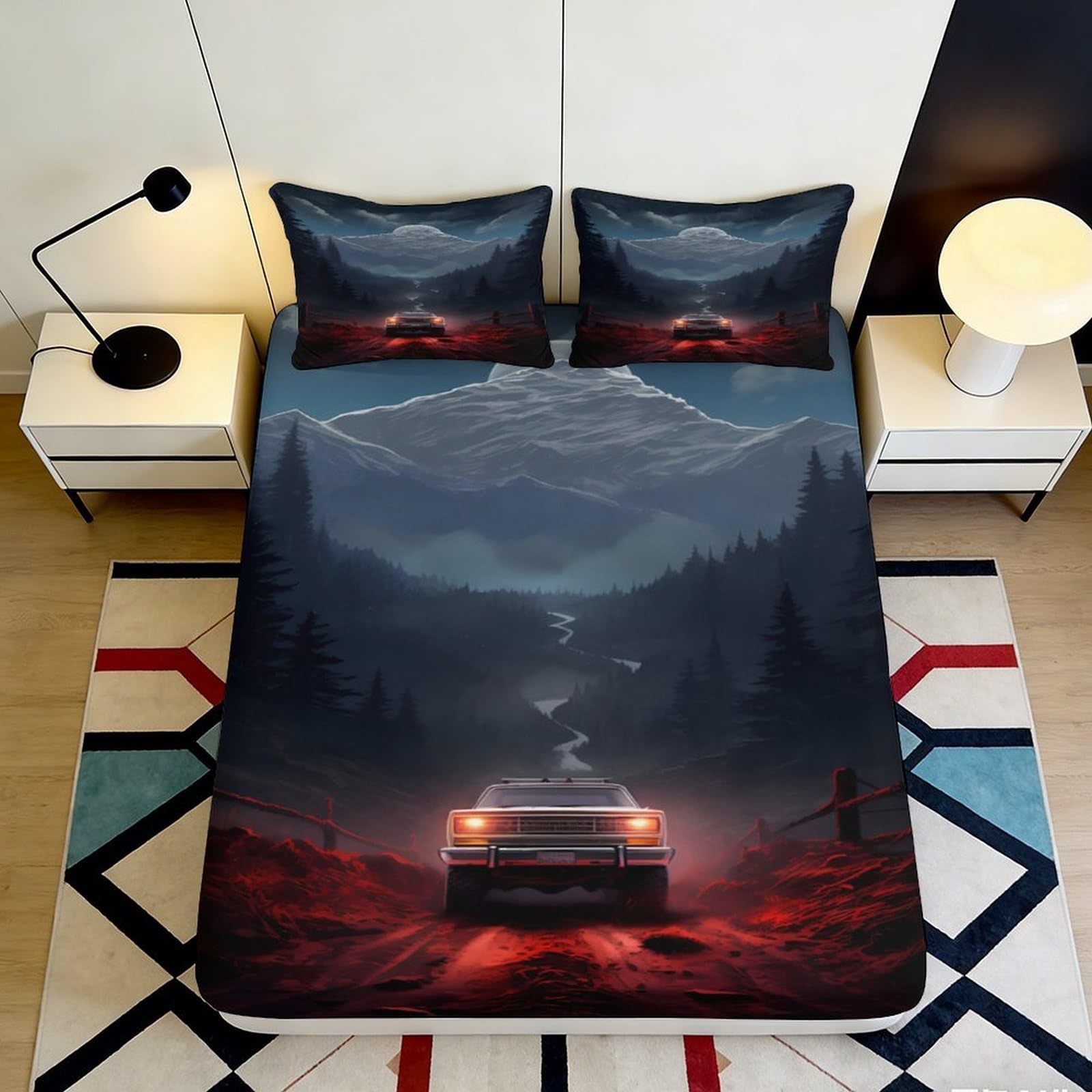 3D Printed Mountain Night Car Fitted Sheet Microfiber Soft Bed Cover Forest Adventure Decor for Bedroom Guest Room 90x200x25cm