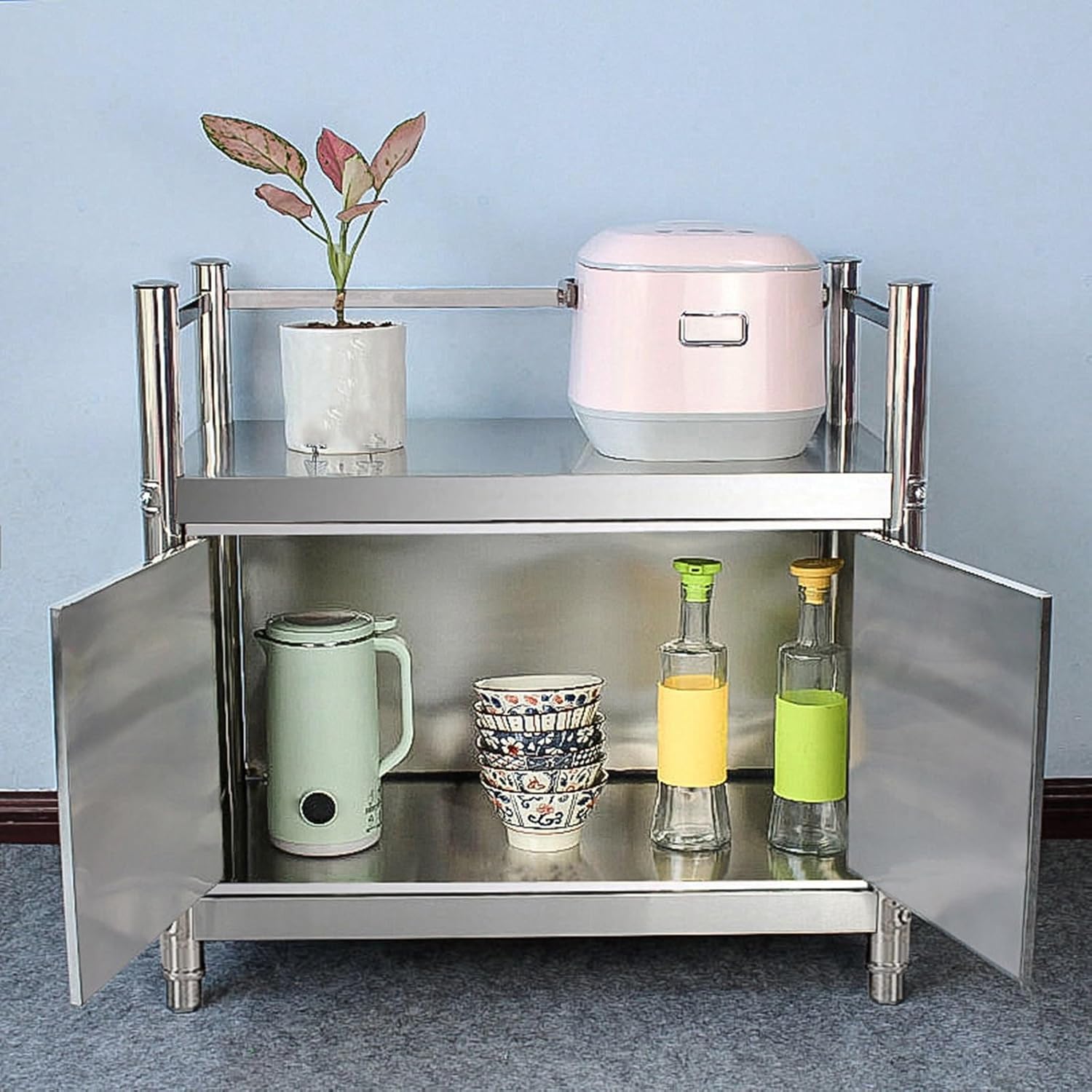 Stainless Steel Shelf with Cabinet Doors Worktable Double-Tier Kitchen Workstation Floor-Standing Sideboard Features Guardrail Edging Design Metal Prep Countertop H66cm(50x50x66cm/19.7x19.7x25.9”)