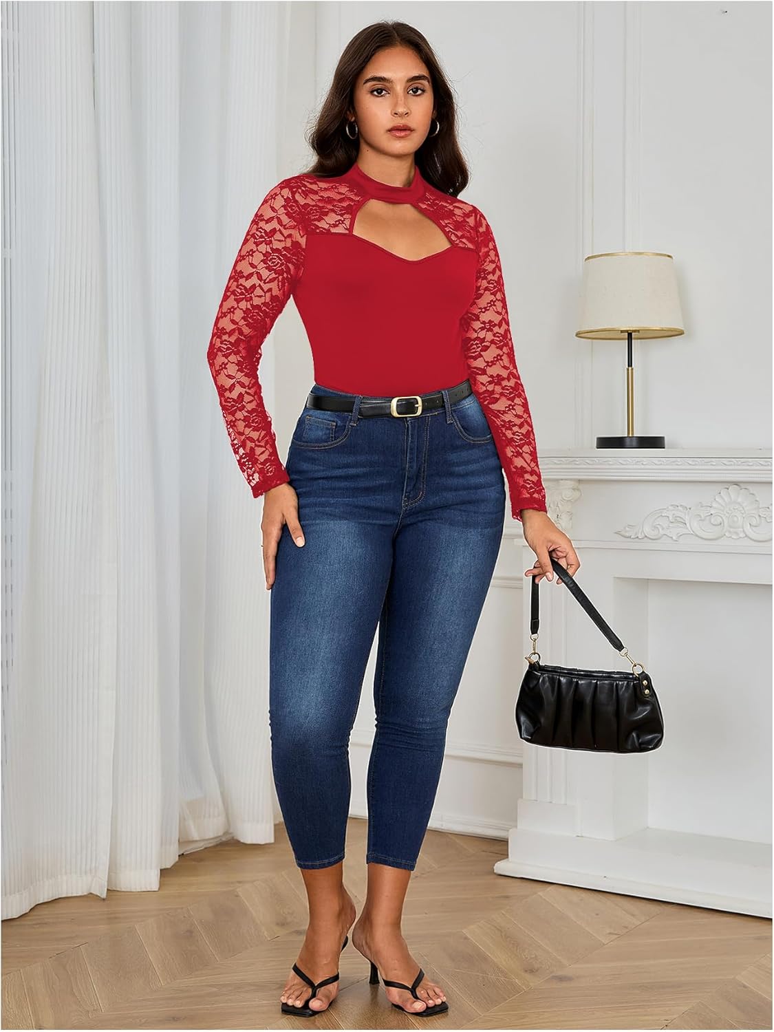 MakeMeChic Women's Plus Size Floral Lace Mock Neck Long Sleeve Cut Out Bodysuit Tee Shirts Red 1XL - Image 5