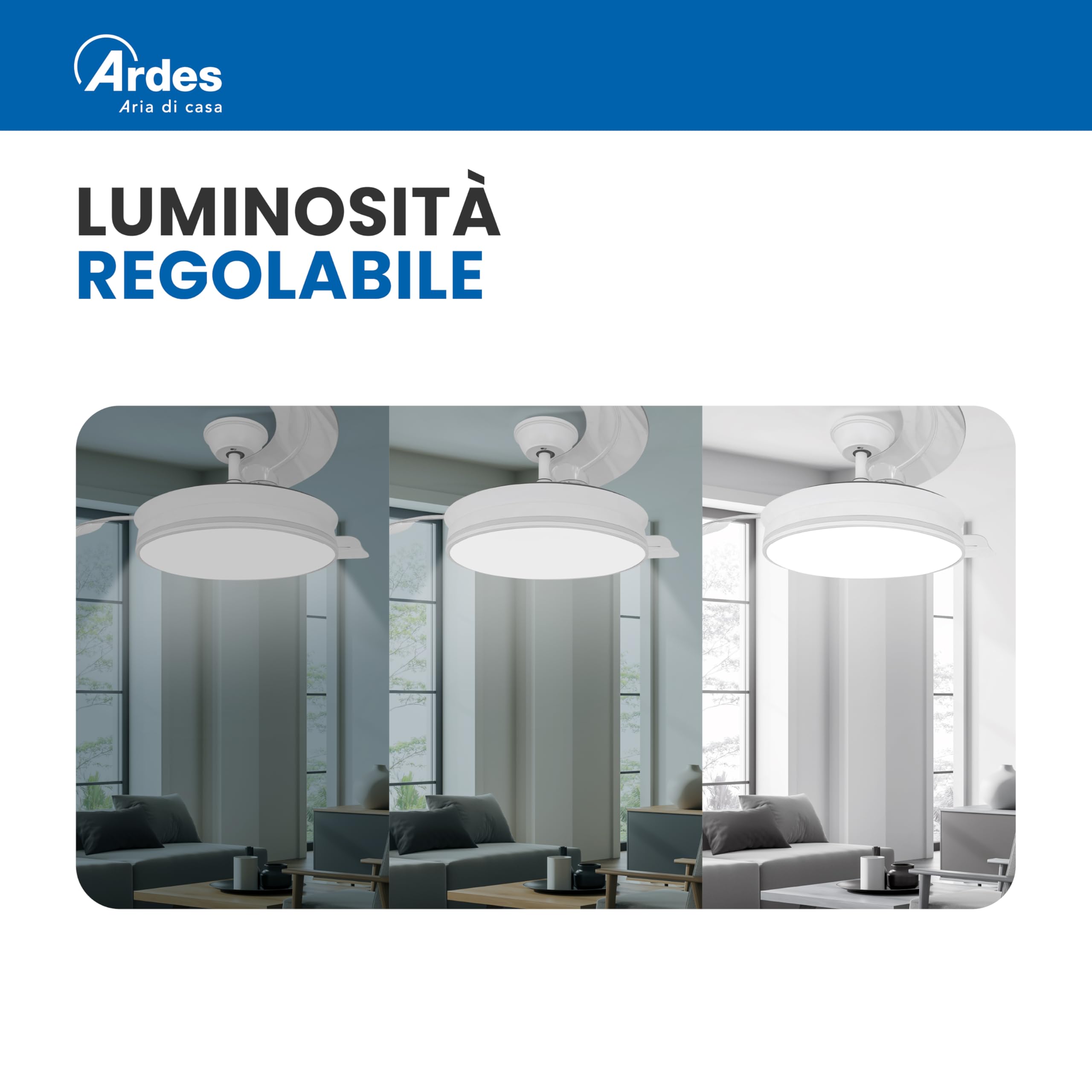 ARDES AIRGLOW EVO AR5PL92 Ventilatore da soffitto Ø92 cm con motore DC 59 W, pale retrattili e luce LED 2200 lm regolabile 3000–6000 K per uso domestico