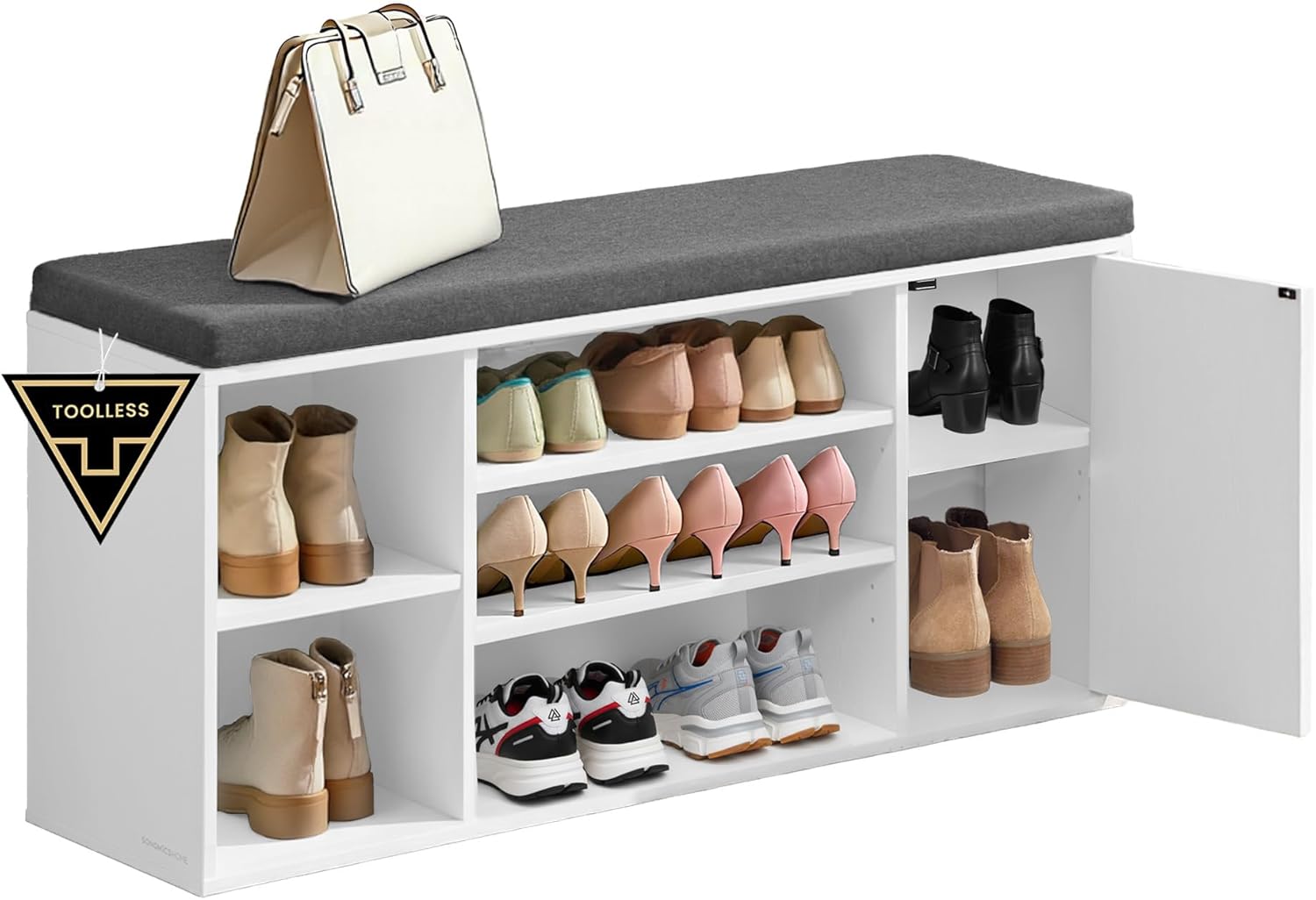 SONGMICS HOME Storage Bench, Superfast Toolless Assembly, 41" Wide Entryway Shoe Cubby Bench with Cushion & Adjustable Shelves, Window Shoe Rack Cabinet, Snow White and Slate Gray ULHS391WE02S