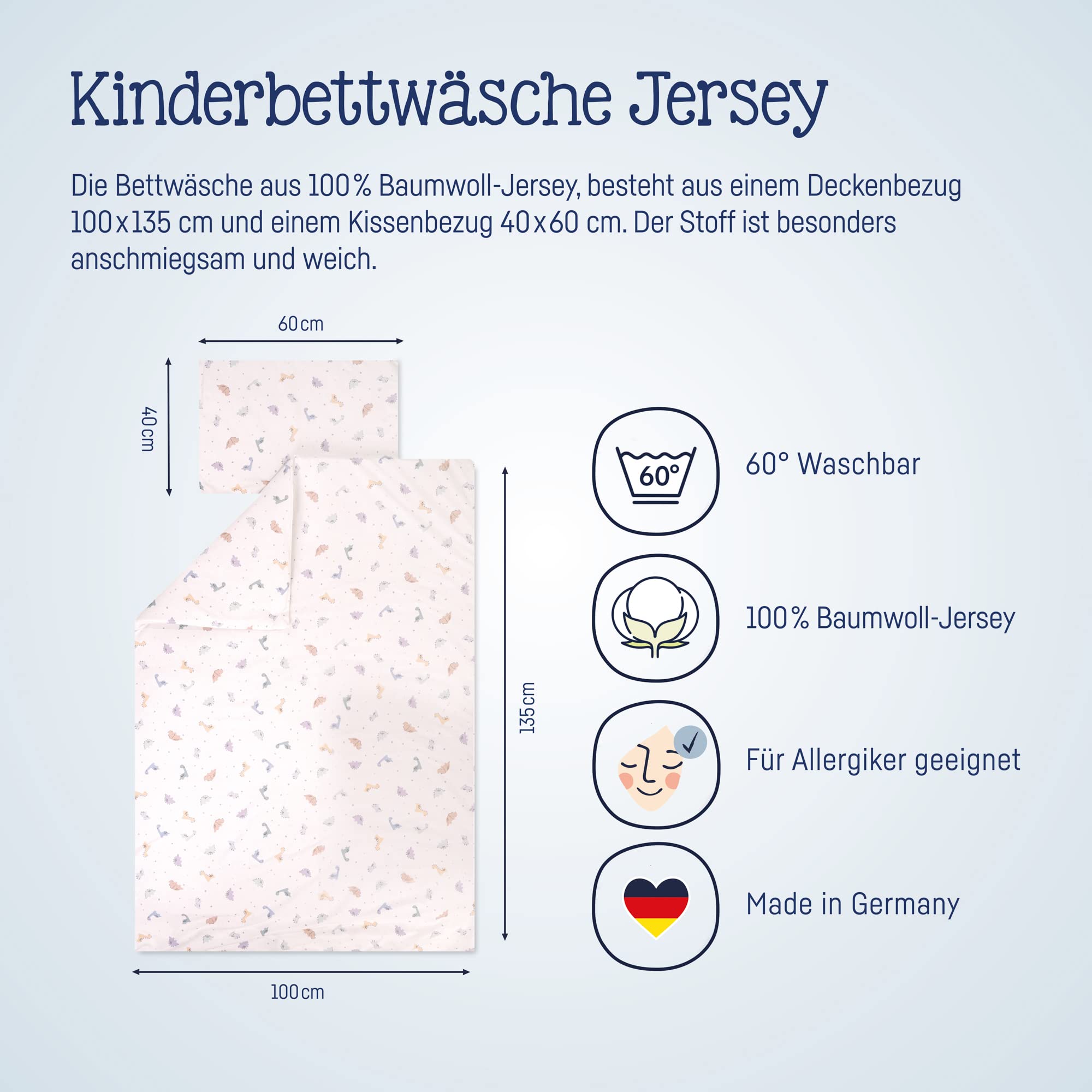 Julius Zöllner Biancheria da letto in jersey per bambini, 100 x 135 + 40 x 60 cm, set da 2 pezzi, copripiumino e federa, 100% jersey di cotone, con chiusura lampo, standard 100 by OEKO-TEX, Little