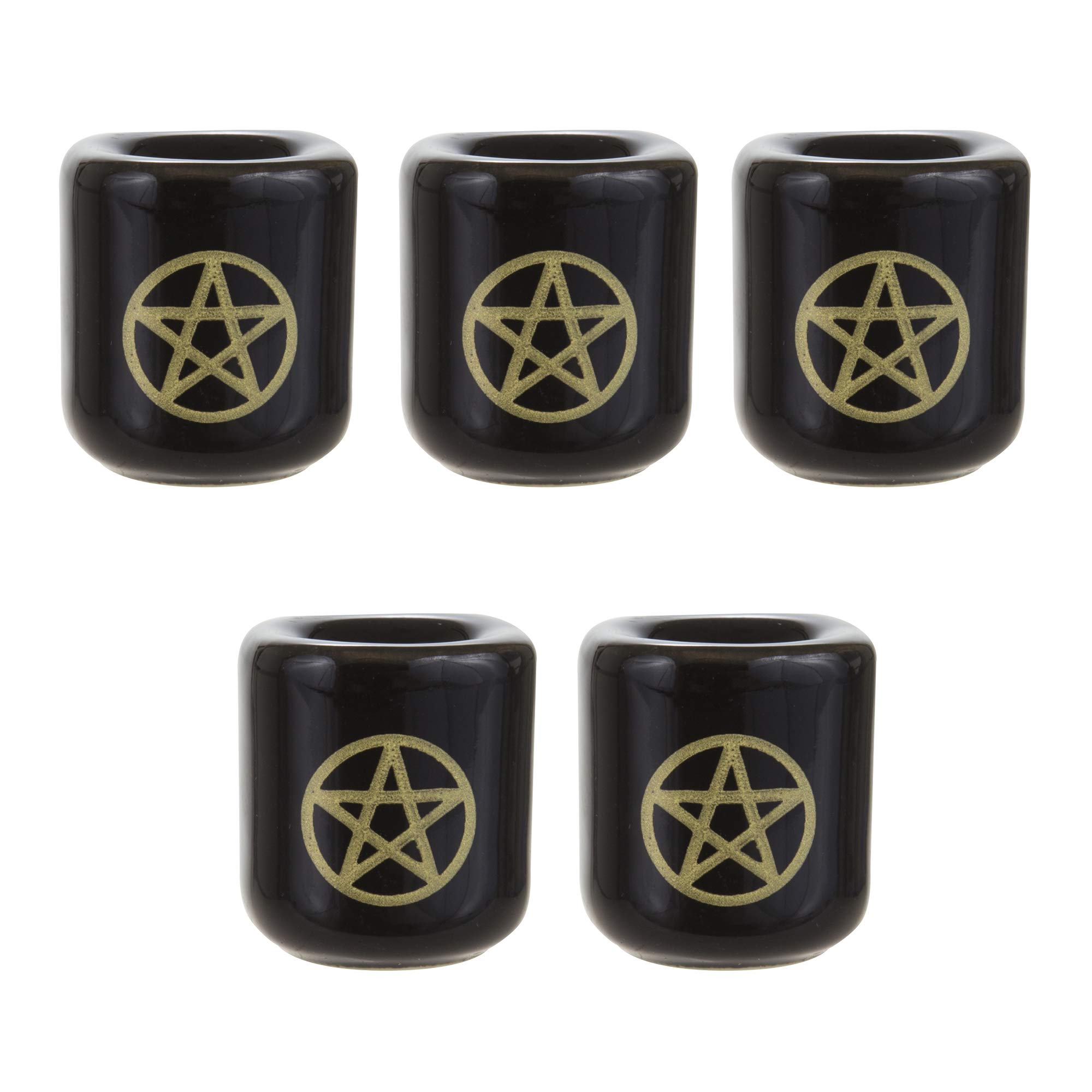 Mega Candles 5 pcs Ceramic Gold Pentacle Chime Ritual Spell Candle Holder - Black