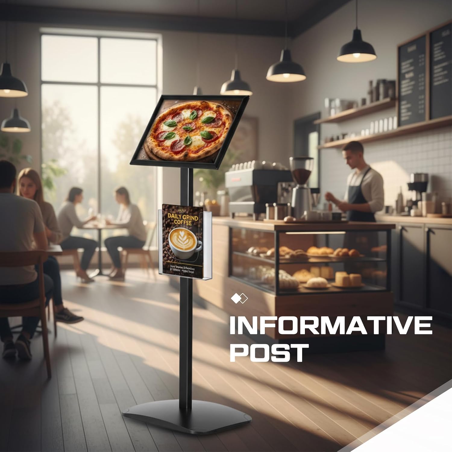 Blulu 11 x 17 Inch Decorative Advertising Sign Displays Stand with 8.5 x 11 Inch Brochure Holder, Floor Standing Pedestal Poster Sign Stand Black for Posters, Advertisements, Menus, Flyers