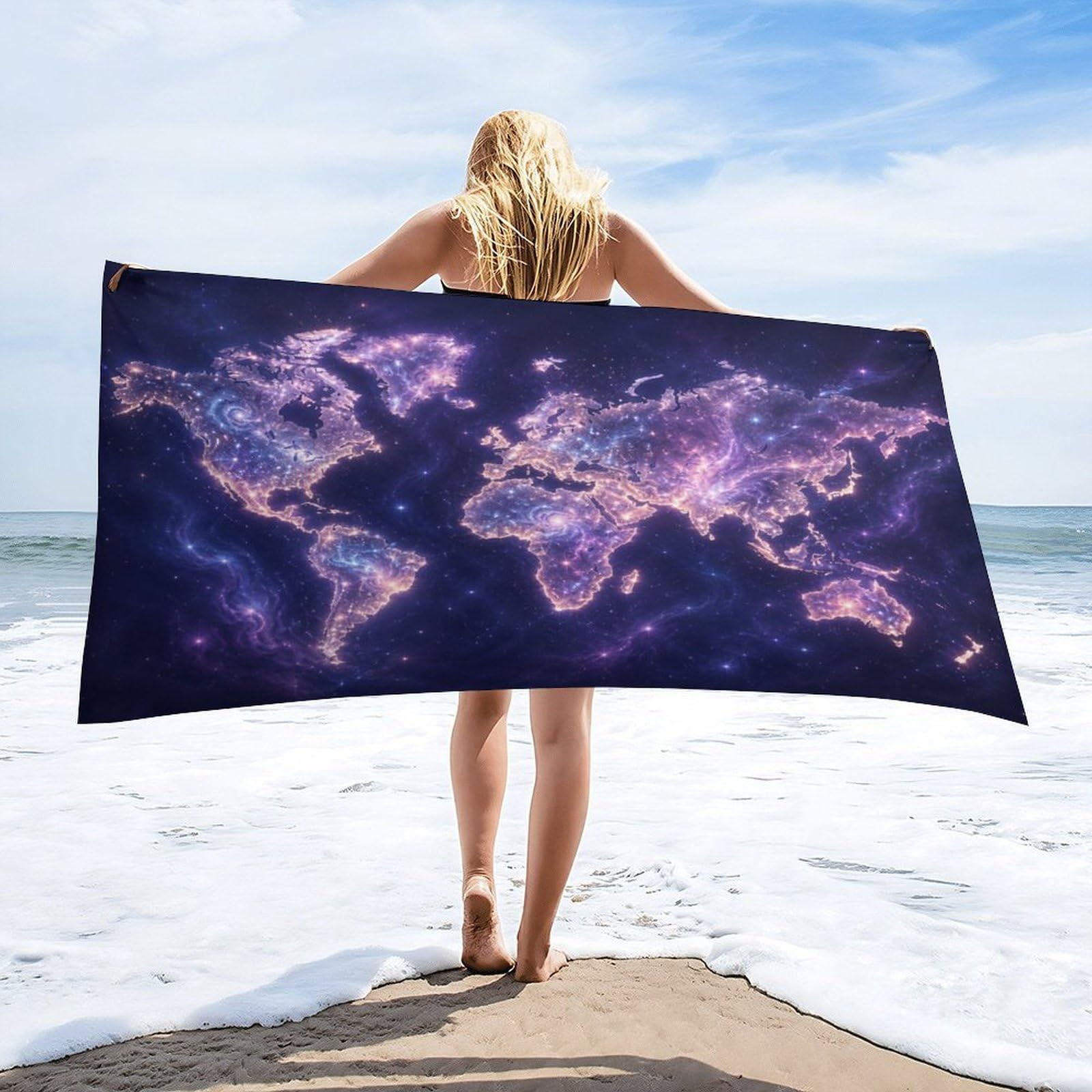 Anceky Galaxy World Map Beach Towel 32"×63",Soft Microfiber Bath Towel Shawl, Quick Dry Absorbent Pool Spa Gym Shower Towel
