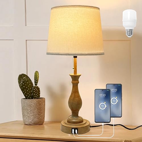 Miniatura 7 de Lámpara de mesa de granja regulable de 3 vías, moderna lámpara de mesita de noche con 2 puertos USB, lámpara de mesita de noche con pantalla de tela