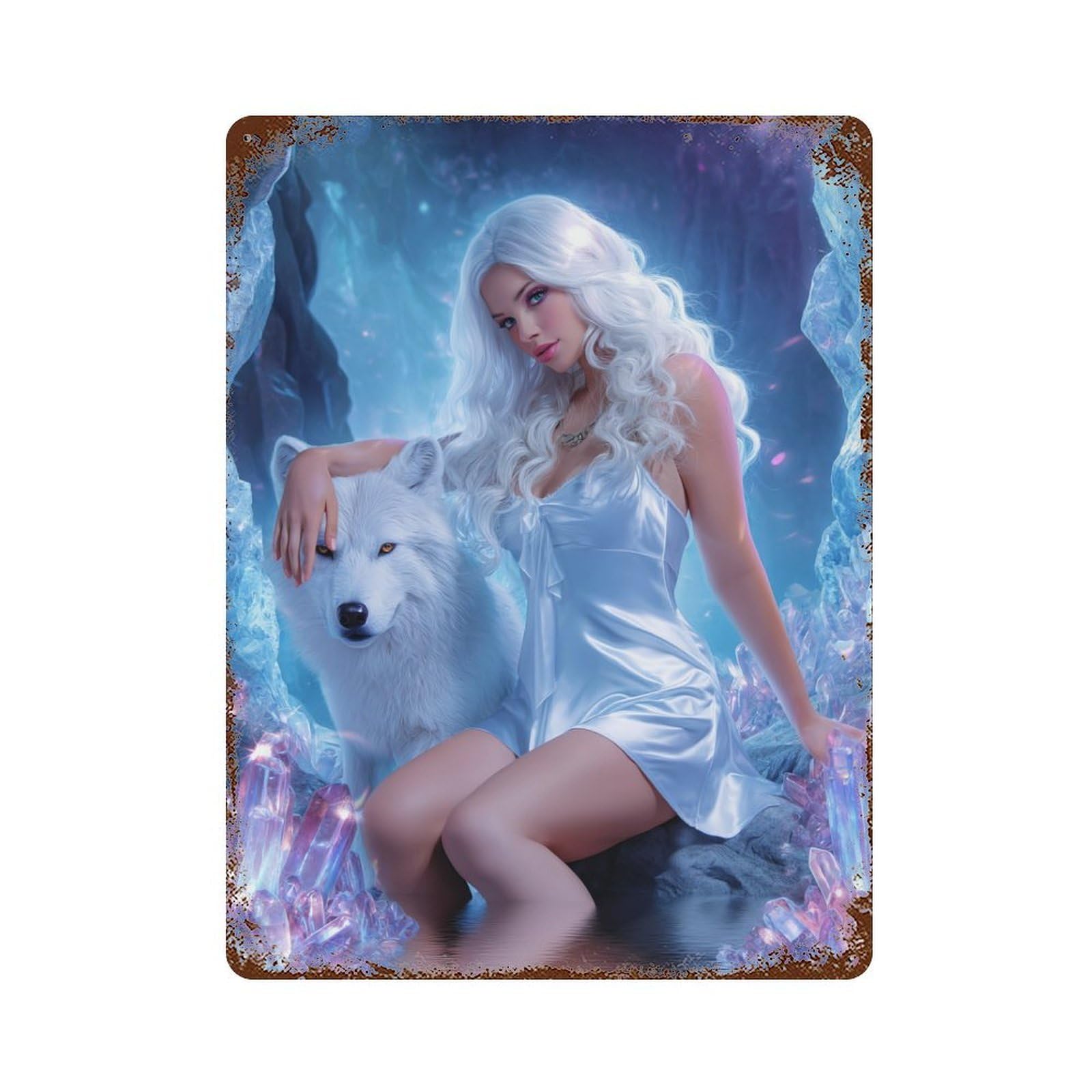 Crystal Cave Fantasy with Wolf Decorative Tin Sign 15.7"x11.8", Classic Wall Plaque for Garage, Pub Or Kitchen