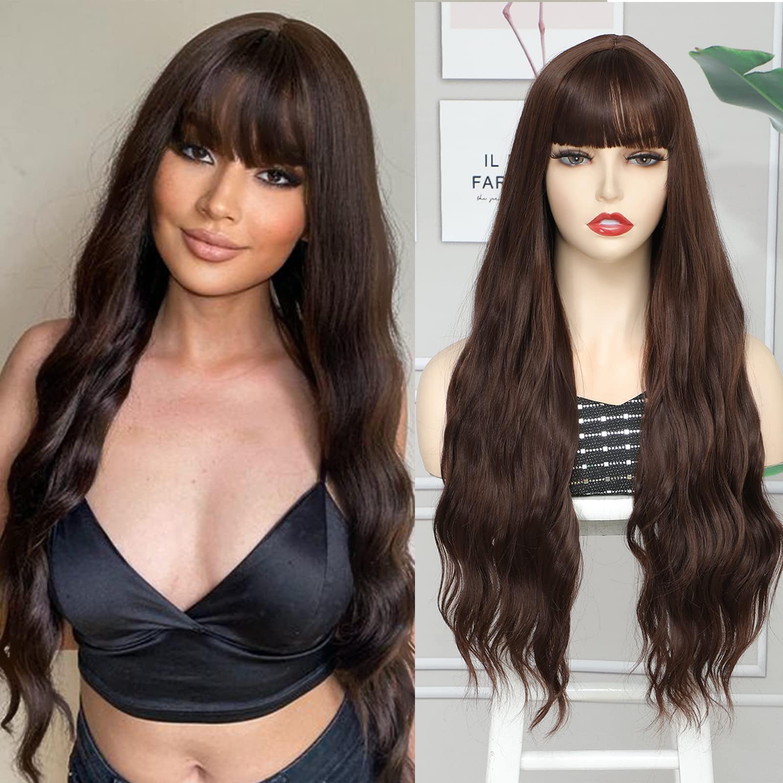 HUA MIAN LI Long Wavy Wig with Bangs Synthetic Wig for Women - Chocolate Cheap Wigs Natural Looking 26 inch Hair Replacement Cosplay Wig for Party Body Wave Heat Resistant Wig (Chocolate Brown)