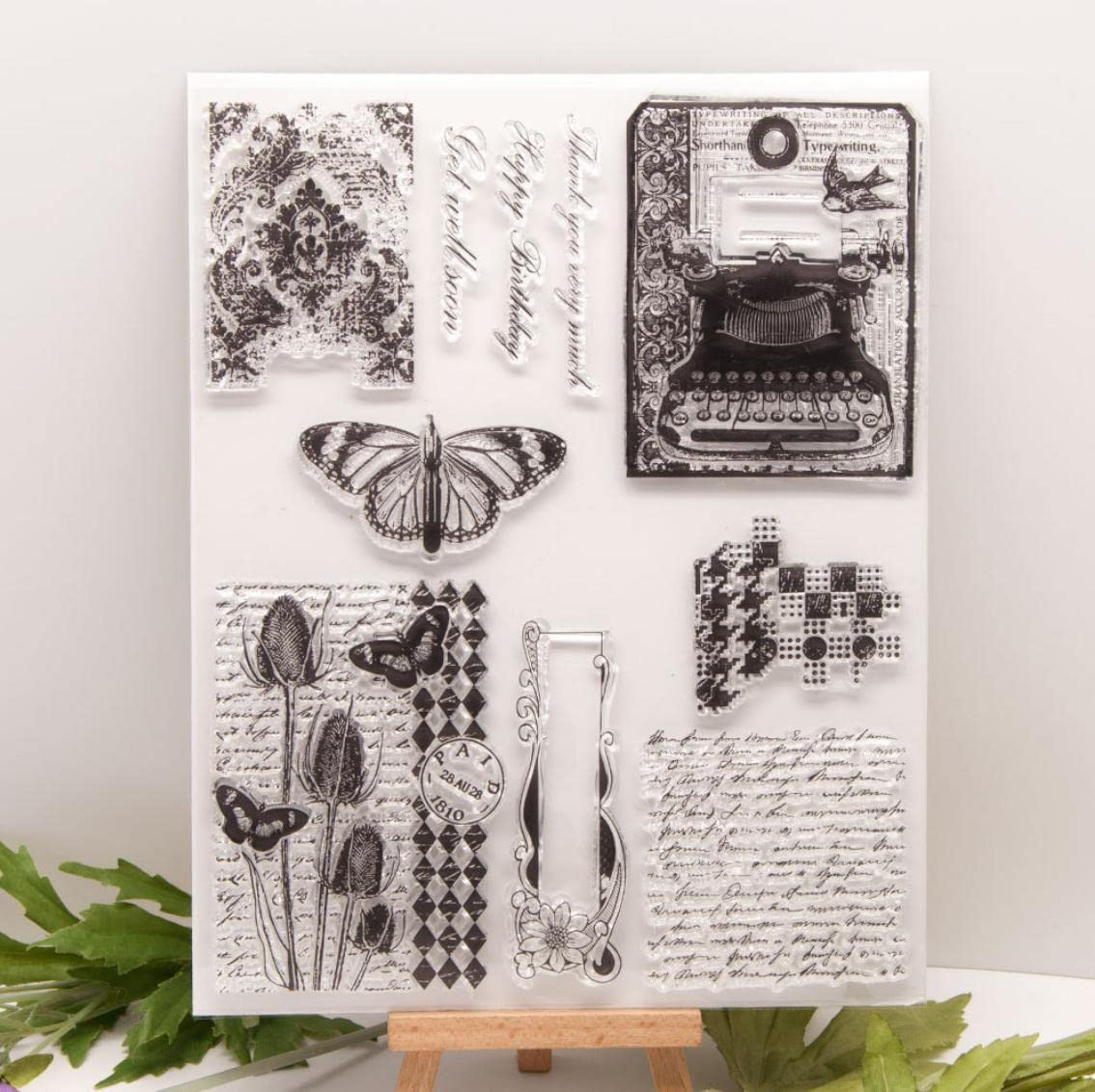 Qoiseys Timbri in silicone trasparente per la creazione di biglietti, macchina da scrivere a mano, sfondo in gomma trasparente per fai da te, scrapbooking, album fotografici, sigilli, goffratura