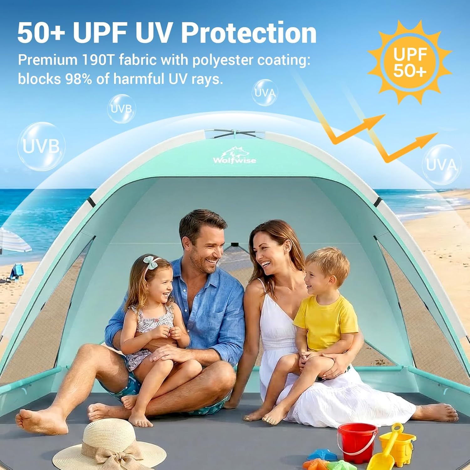 Wolfwise Beach Tent Sun Shelter for 3/4/5 Person with UPF 50+ UV Protection, Sun Shade Beach Tents with Extendable Floor for Privacy, 3 Ventilated Mesh Windows & Carrying Bag, 95 "x65 x55,Mint Green