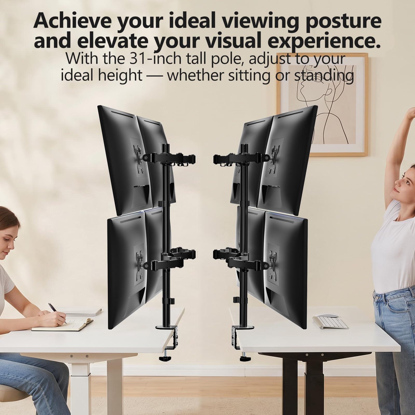 WALI Supporto da scrivania per 4 monitor, adatto a schermi di computer pesanti fino a 27", braccio completamente regolabile per monitor fino a 10 kg per braccio (M004), nero