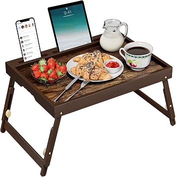 Bamboo Breakfast Tray with Telescopic Legs Tray with Foldable Legs and Removable Stand | Ergonomic Handle | Portable Bed Tray for Dining, Working, Laptop, Tablet and Phone,Vintage Walnut