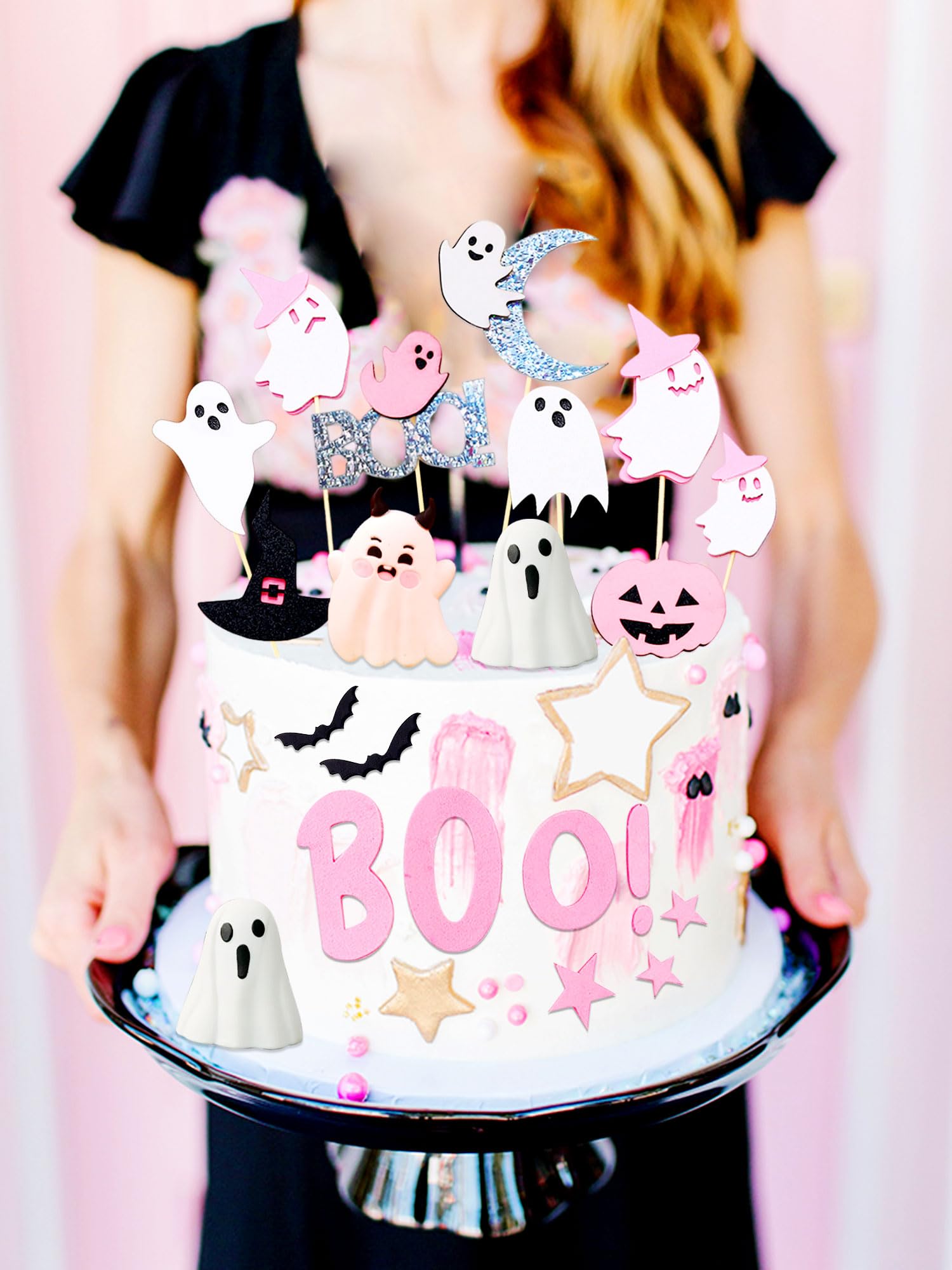 JeVenis Spooky One Cake Topper Pink Halloween Decor Pink Halloween Cupcake Toppers Little Boo Ghost Cake Decoration - Image 2
