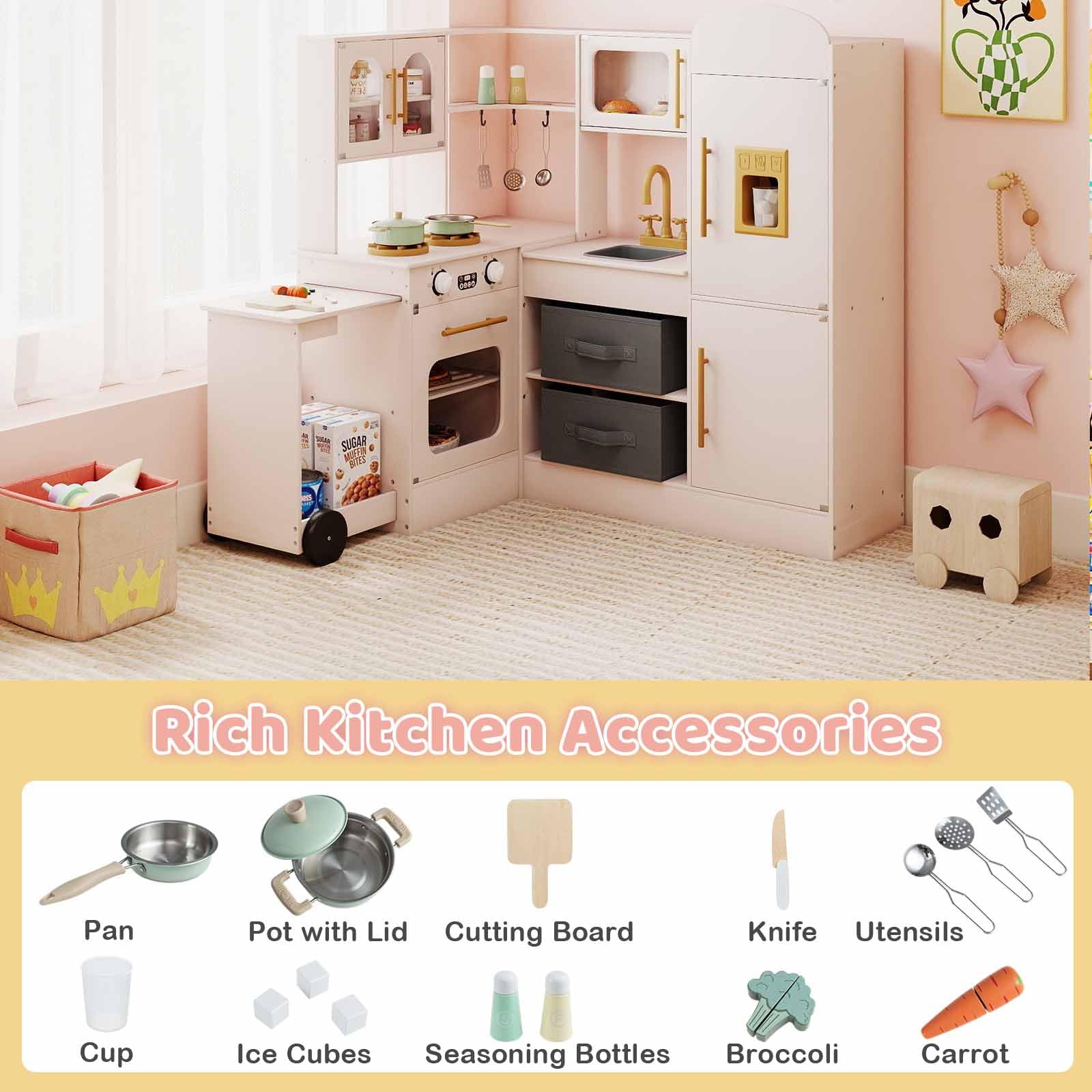 HOMASIS Cucina ad Angolo con Carrello Scorrevole, Luce e Suono, Cucina Giocattolo in Legno con Forno, Microonde, Macchina del Ghiaccio, Fornello, per Bambini da 3 Anni in su (Rosa)