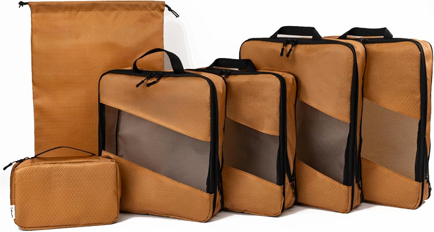 Expandable Compression Packing Cubes – 6-Pack Travel Organizers (Brown & Camel)