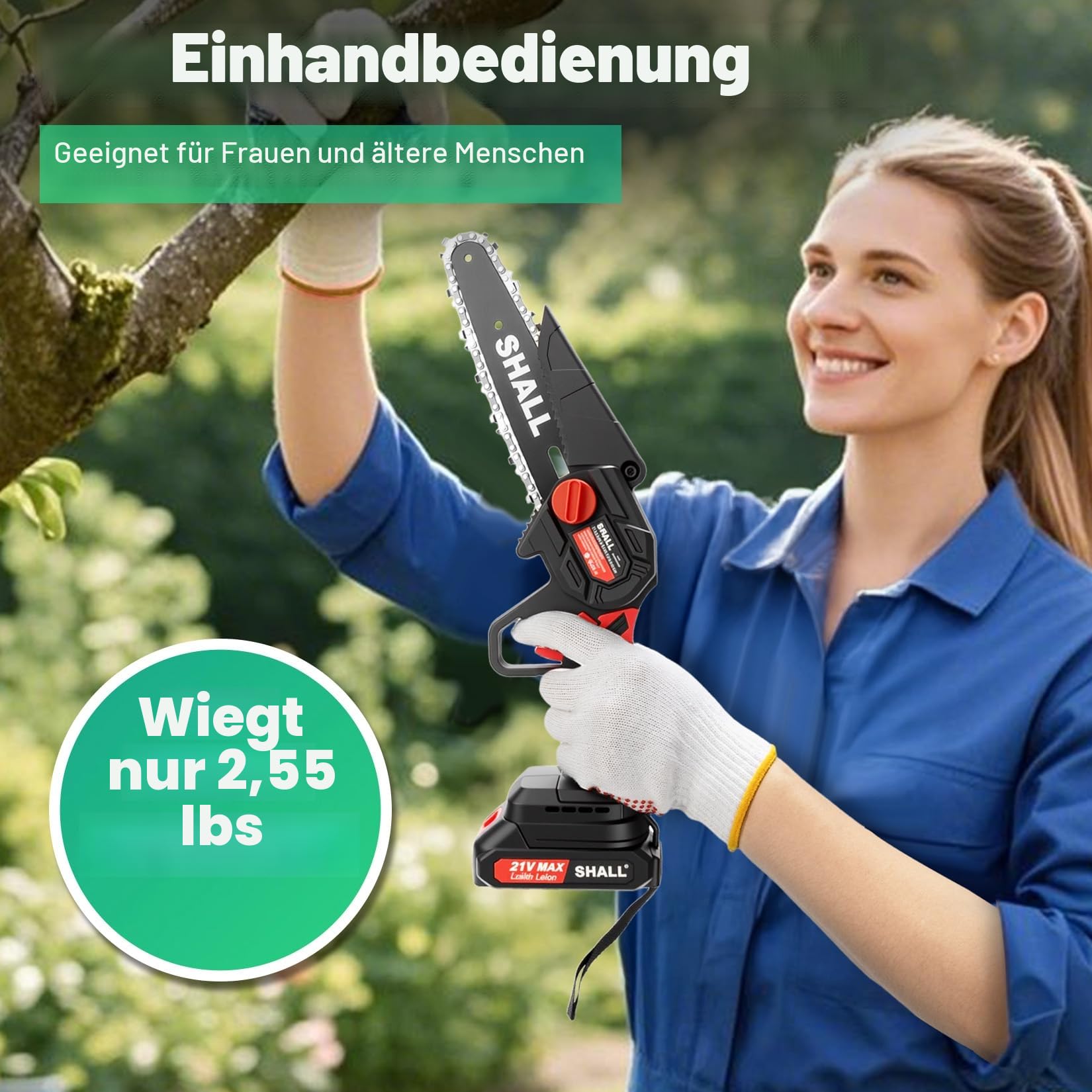 SHALL Tragbare Mini-Kettensäge, Bürstenlosen Motor 21 Volt, 2 Schnelllade-Akkus, 4 Ketten, Äste schneiden, Gartenarbeit, beste Wahl für Ehemann, Vater, Holz-Heimwerker-Liebhaber