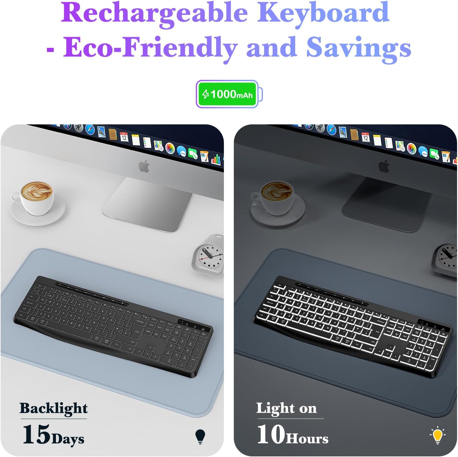 TECURS Wireless Backlit Keyboard highlighting multimedia buttons and adjustable stand.