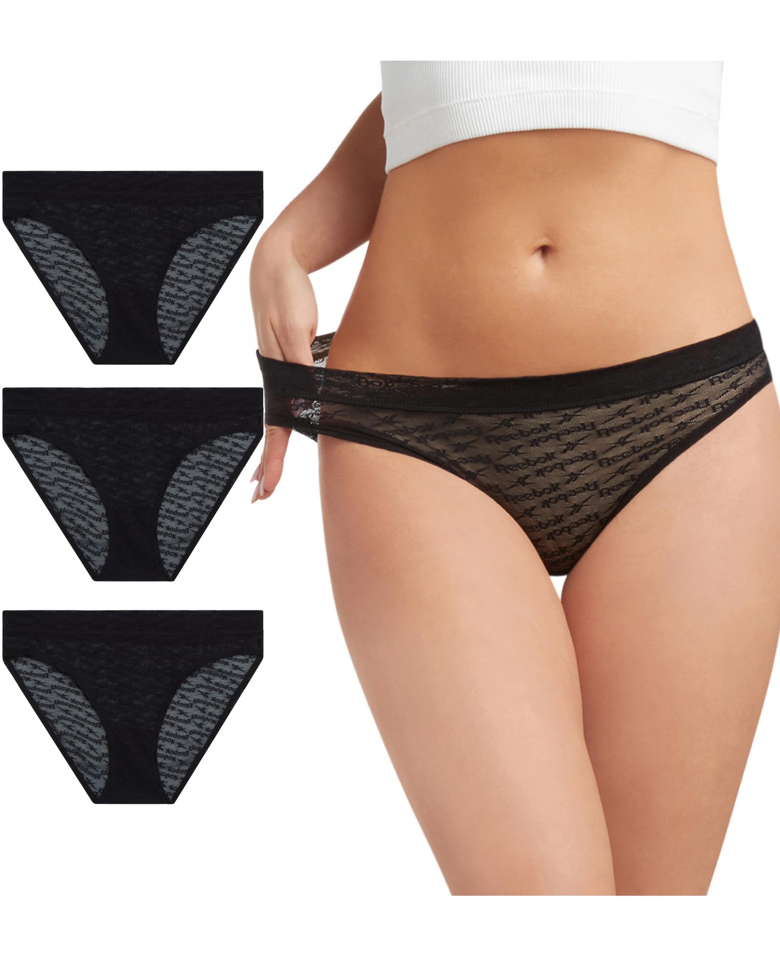 Reebok Ropa interior para mujer, paquete de 3 calzones de bikini de encaje de corte alto (S-XL)