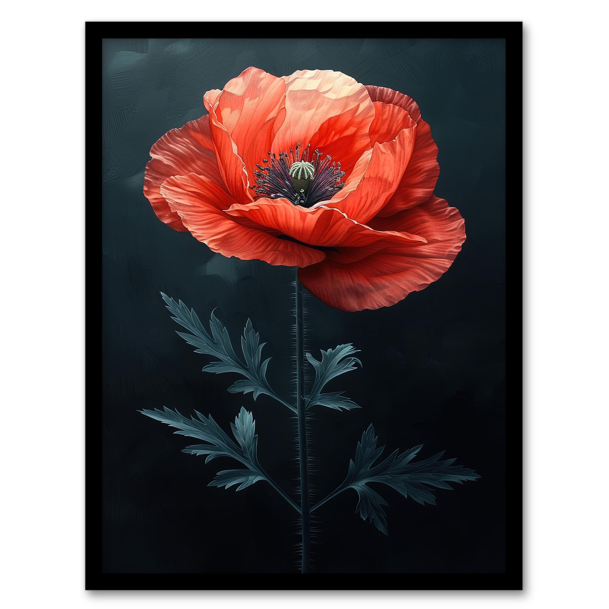 Realistic Red Poppy Painting - Dramatic Bold Wall Art Print - Framed Poster - A4 Size