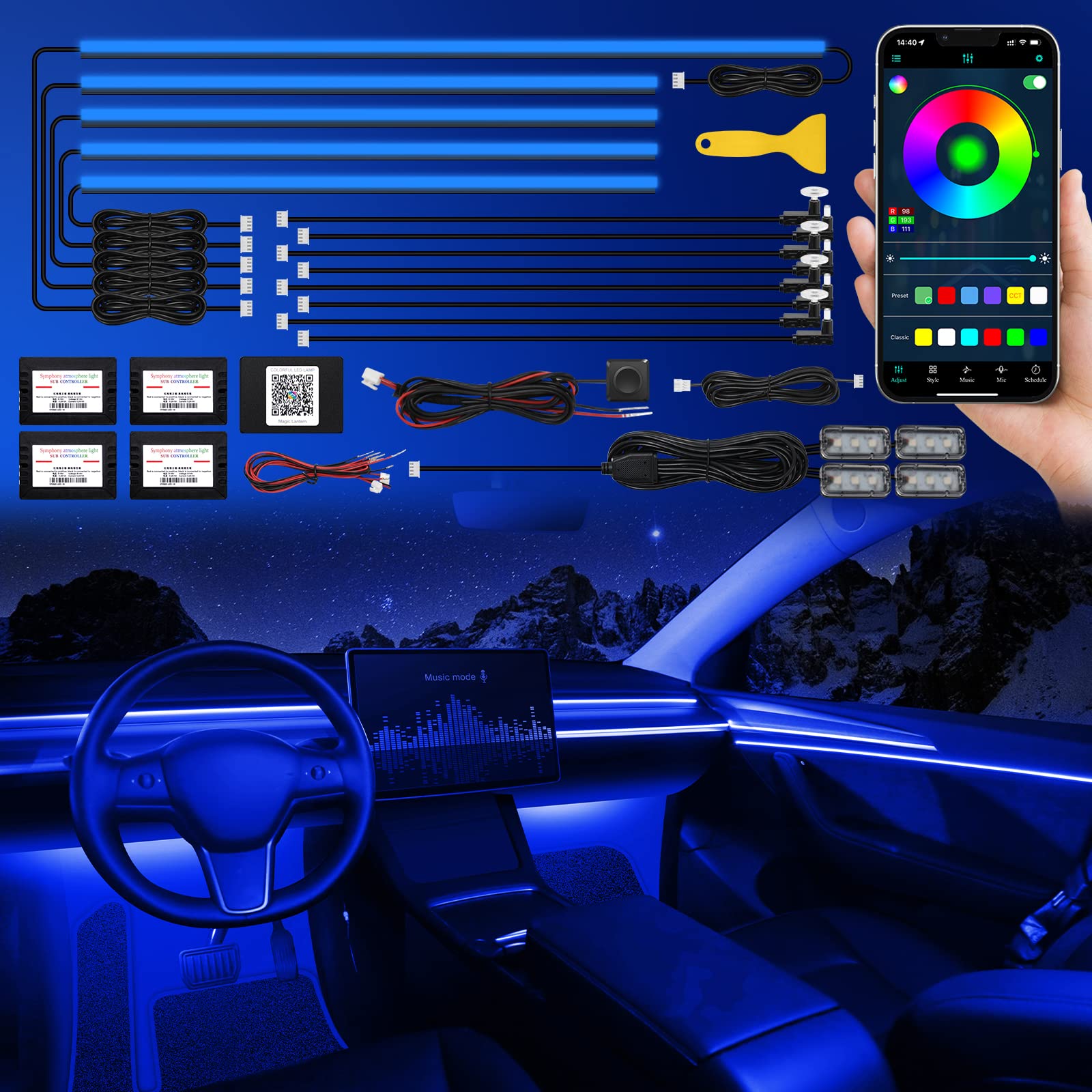 TWETIZ Acrylic Interior Car LED Strip Light with Wireless APP, RGB 18 in 1 with 175 inches 593 LEDs Fiber Optic Ambient Lighting Kits, 16 Million Colors Sound Active Function Car Neon Lights