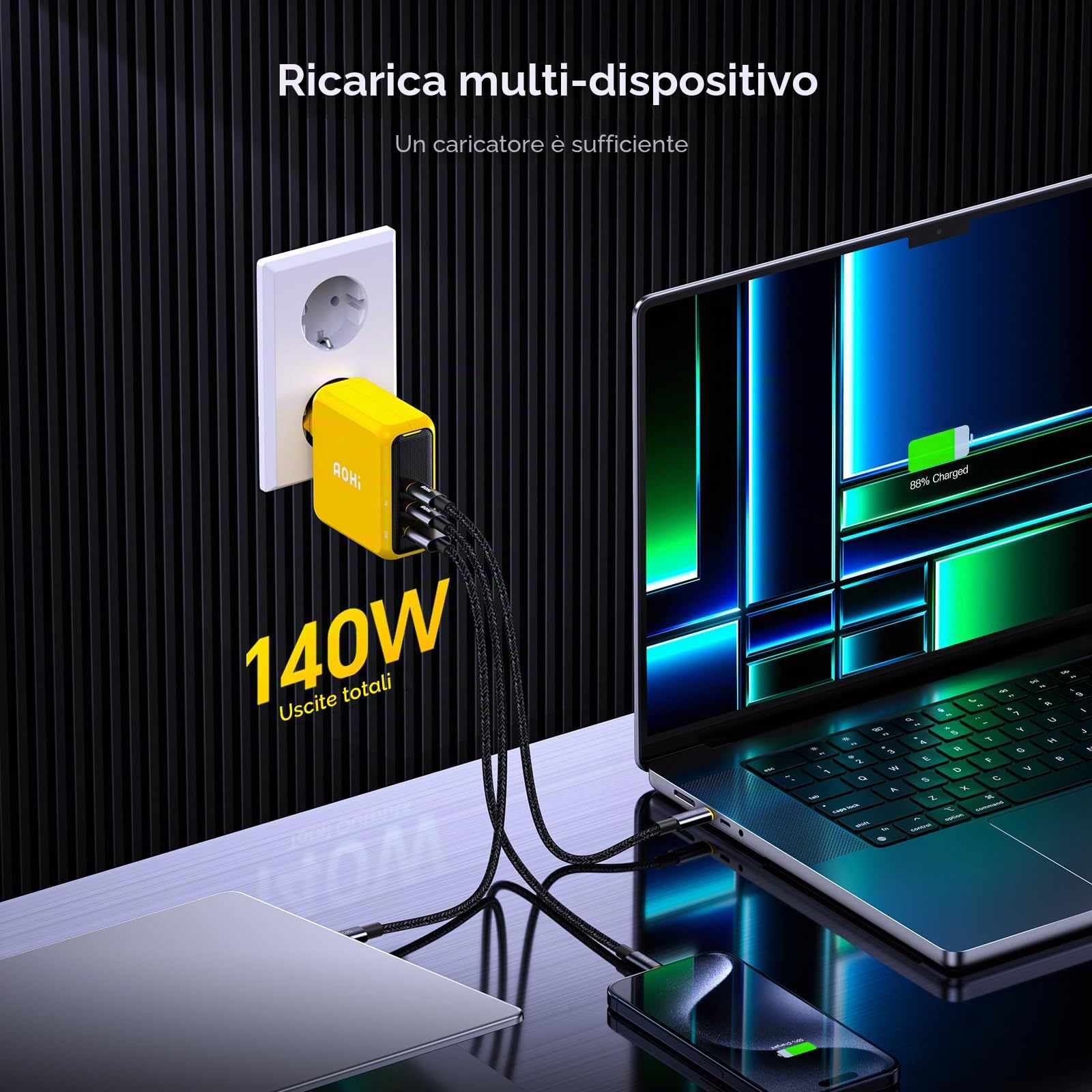 AOHI Magcube - Caricatore USB C da 140 W, PD3.1, 3 porte, GaN+ Laptop Charger 100 W, spina di ricarica per MacBook Pro 16", Dell XPS, iPad, Galaxy, iPhone 15, Chromebook