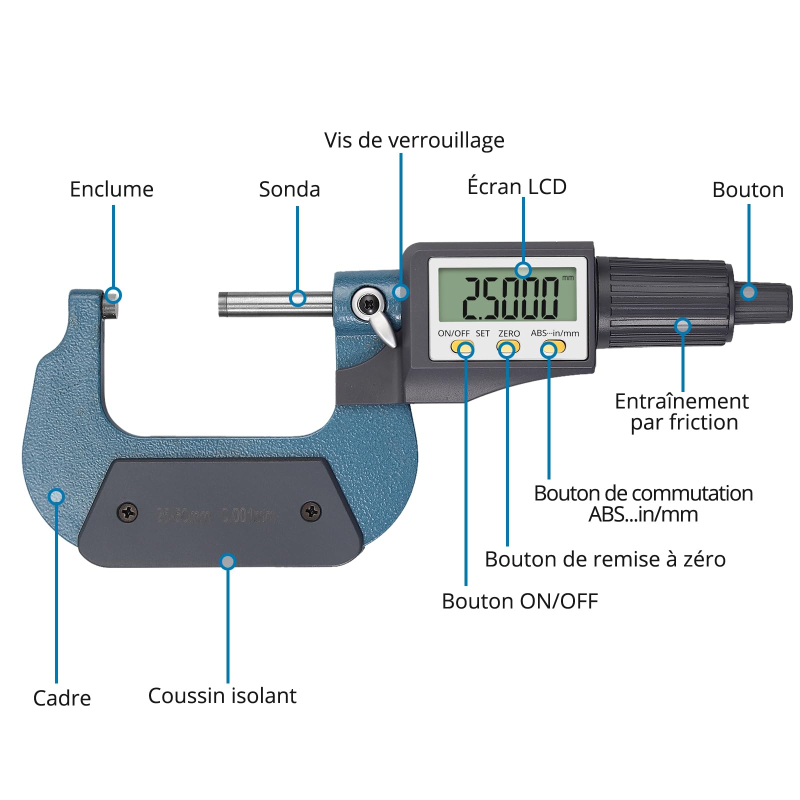 AUTOUTLET Micromètre Numérique Extérieur LCD Multifonction 25mm-50mm 0.001mm Pouces Métriques Affichage Numérique et Lecture d'Échelle 2 en 1 avec Fonction d'Arrêt Automatique et Maintien des Données
