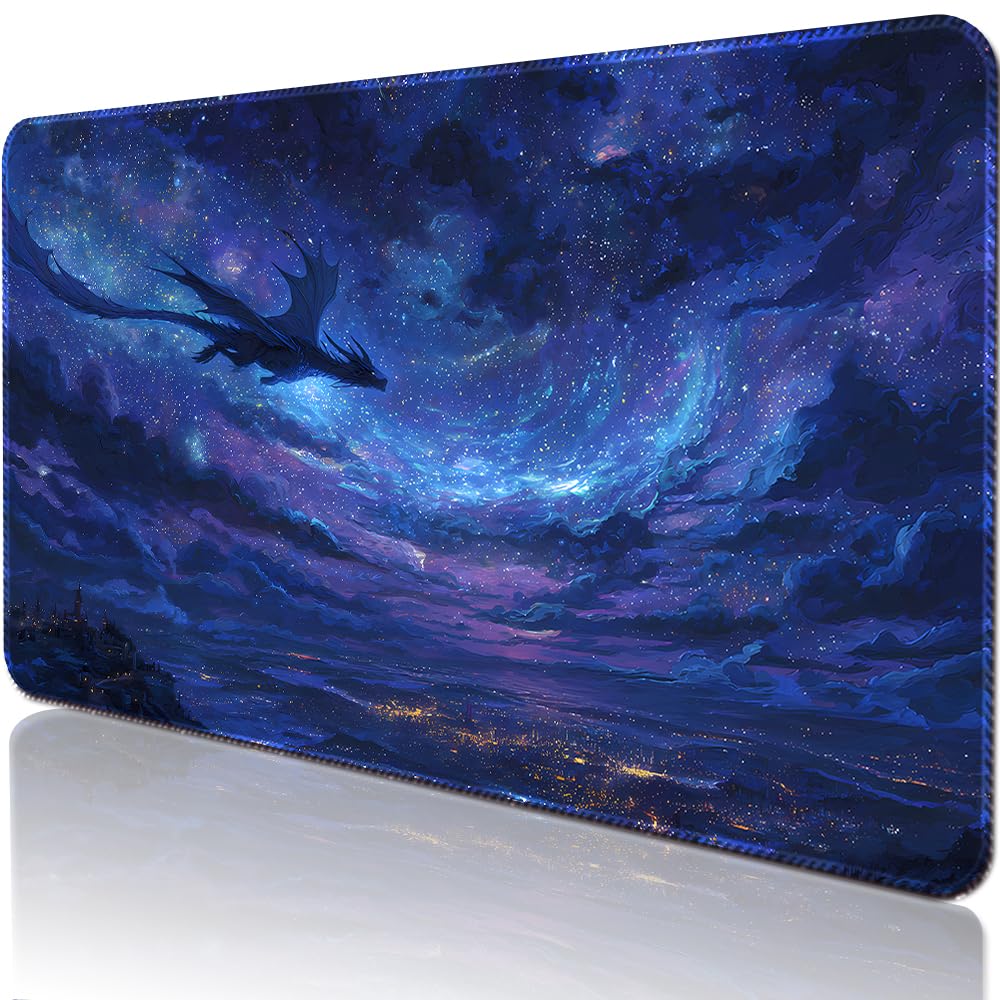 BUIBUIC MTG Playmats(Stitched) 14x24in Compatible for OCG CCG RPG TCG Playmats with Card Zones Storage Bag (Starry Sky Dragon-No Zone)