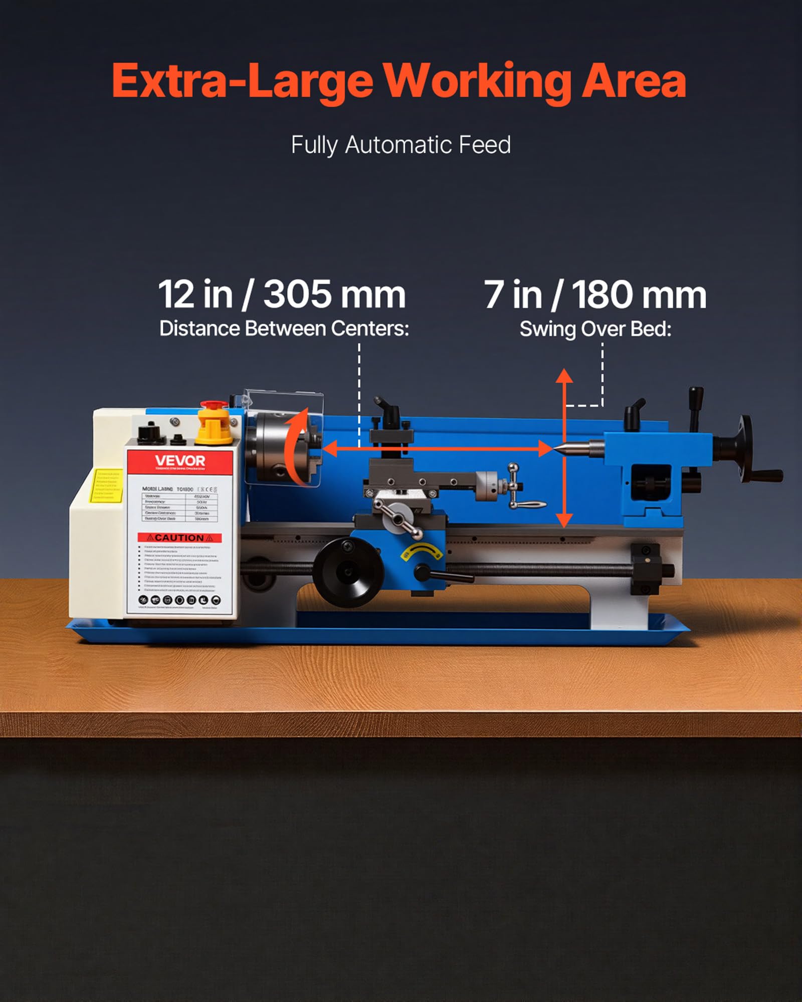VEVOR Tornio da Banco per Metalli 180 x 305 mm Velocità 2500 giri/min 550W | Per 8 Filettature Metriche, Tornitura, Foratura, Zigrinatura, Ingranaggio in Nylon, Rotazione Reversibile, Corpo in Ghisa