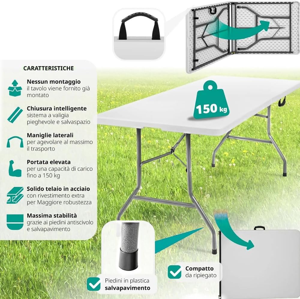 PALUPLUS Tavolo Catering Rettangolare a Valigetta Bianco 180x71x74 cm Tavolo Pieghevole Resina Metallo