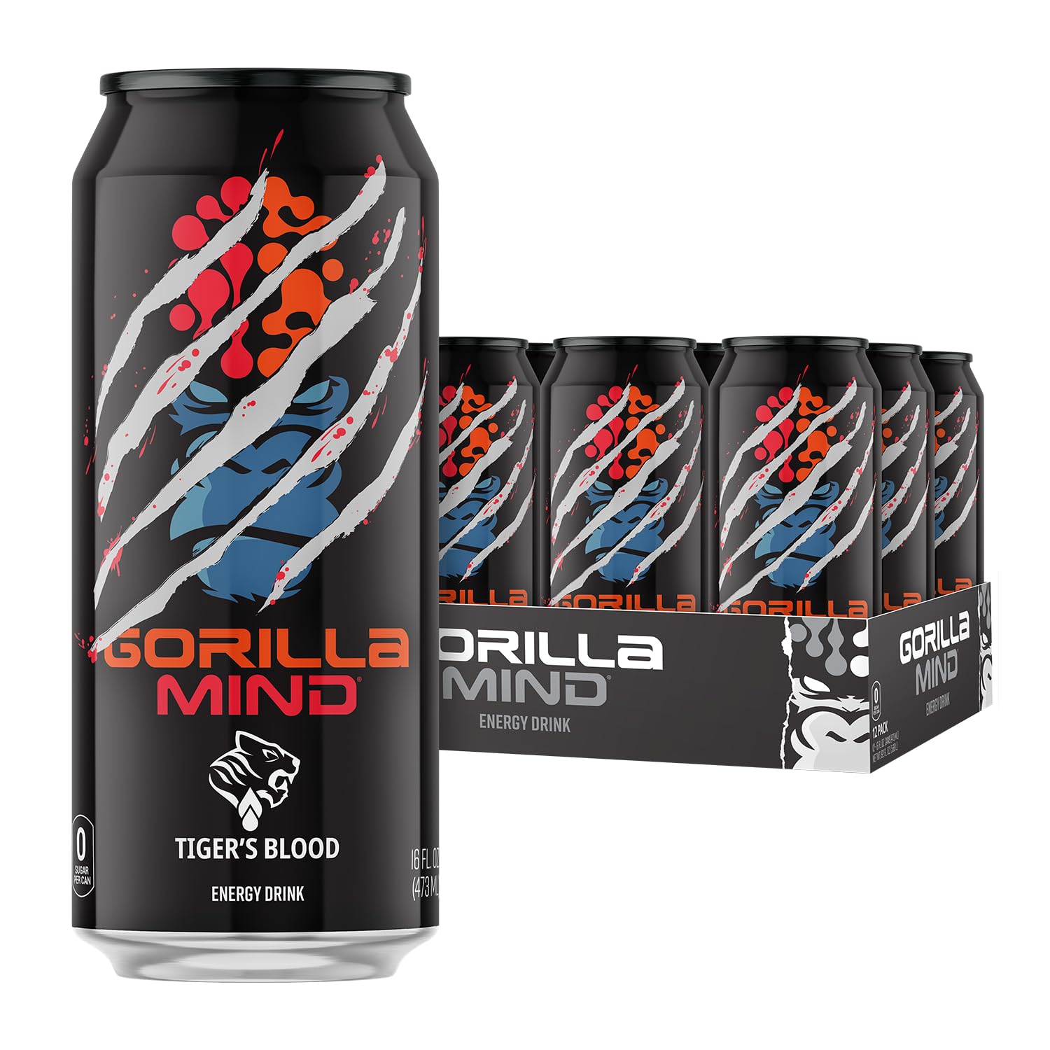 Gorilla Mind Energy Drink | Unmatched Energy · Amplified Focus | N-Acetyl-L-Tyrosine, Alpha-GPC, 200mg Caffeine, Uridine, Saffron | 0 Sugar Or Artificial Colors | 16oz, 12-Pack (Tigers Blood)