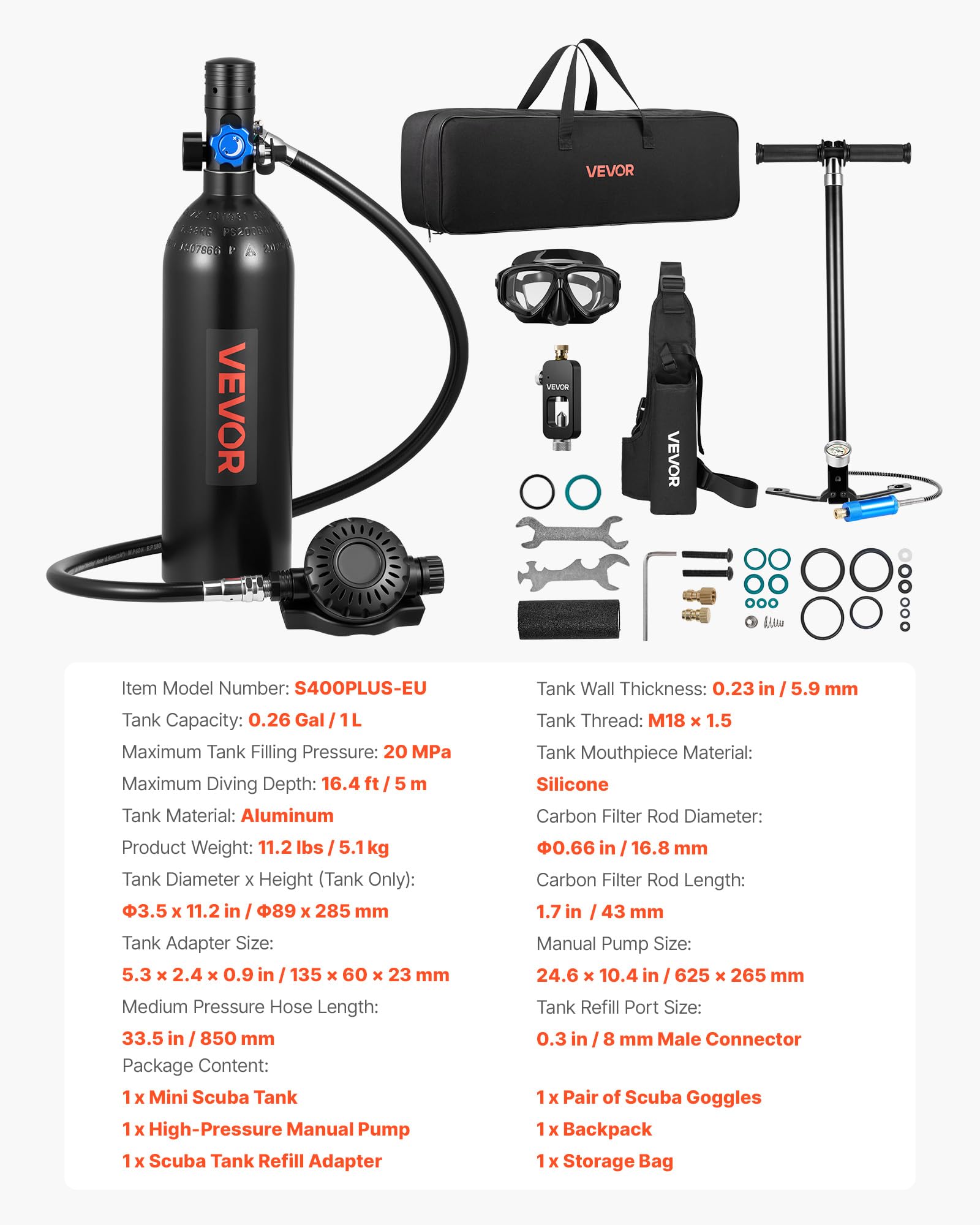 VEVOR Mini Botella de Buceo de 1 L, Juego de Tanque de Buceo Portátil, Capacidad de 15 a 20 Minutos, Gafas de Snorkel Adaptador Bomba Manual Mochila y Bolsa de Transporte, para Viajes Bucear Rescate