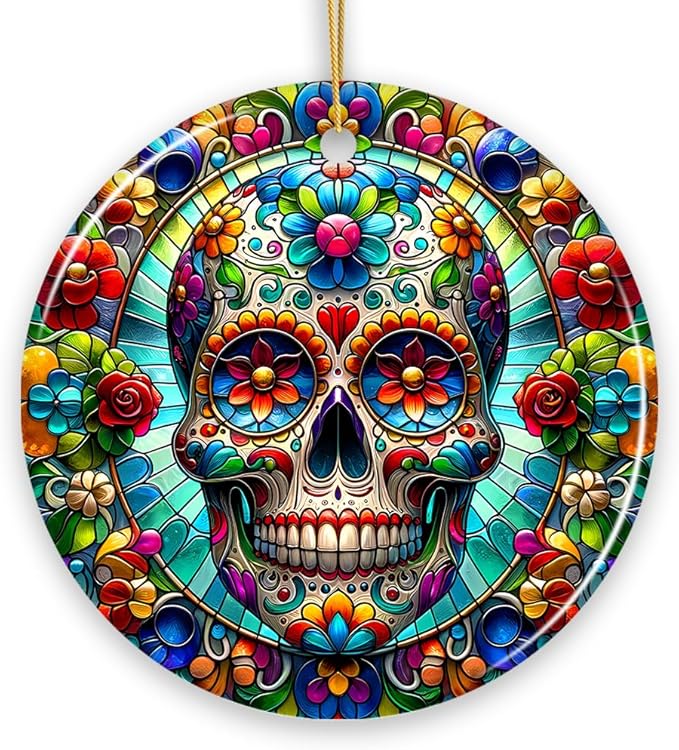Sugar Skull Stained Glass Themed Ceramic Ornament, Day of The Dead Mexican