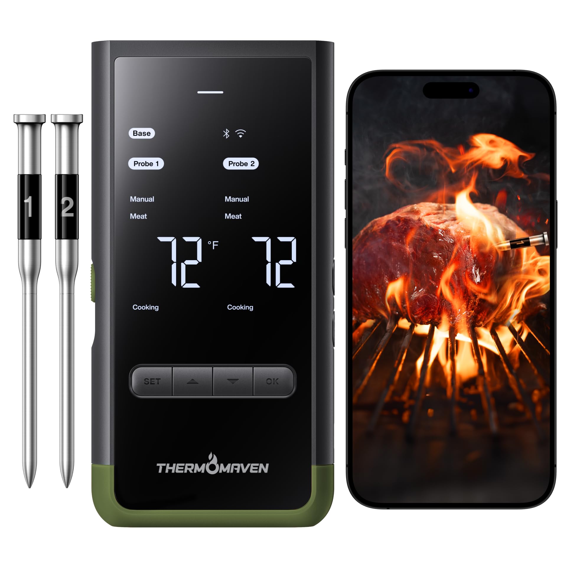 ThermoMaven Smart Bluetooth Wireless termometro per carne: base standalone, portata illimitata WiFi, 6 sensori con precisione certificata NIST, 2 sonde per cucina, barbecue, forno, affumicatore,