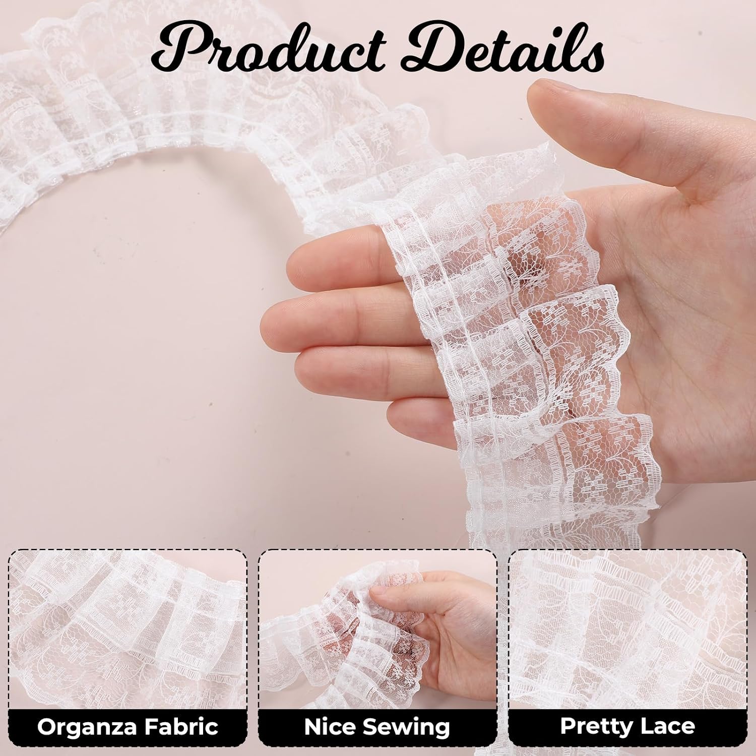 White Lace Ribbon, 2-Layer Pleated Edge White Lace Ruffle Trim for Crafts Sewing DIY, 1.8" x 5.5yd