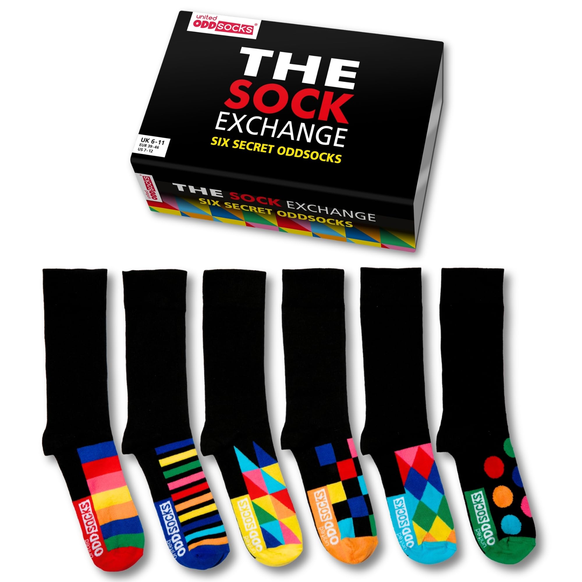 United Oddsocks Men's Multicoloured The Sock Exchange Odd Socks Gift Box – 6 Black Socks With Colourful Patterned Soles For Uk 6-11, Eur 39-46, Us 7-12, Fun Business Mix & Match Socks Gift For Work, Birthdays