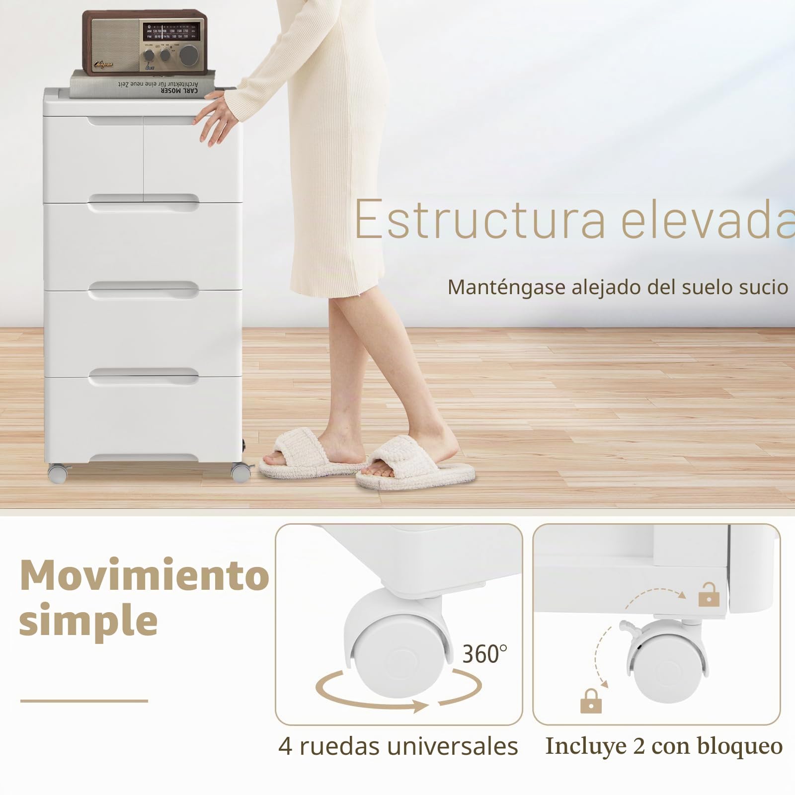 KOMFOTTEU Cómoda Estrecha con Cajones, Cajonera de Plástico con 4 Ruedas, Mueble de Almacenamiento Vertical para Dormitorio, Baño, Oficina, Blanco (4 Niveles)