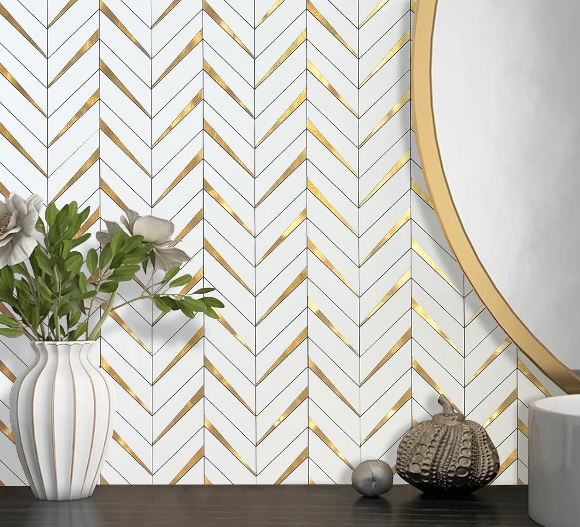 DICOFUN 10-Sheet Herringbone Tile Peel and Stick Backsplash, Polished White PVC Mixed Metal Gold Stick on Backsplash for Kitchen and Bathroom Wall