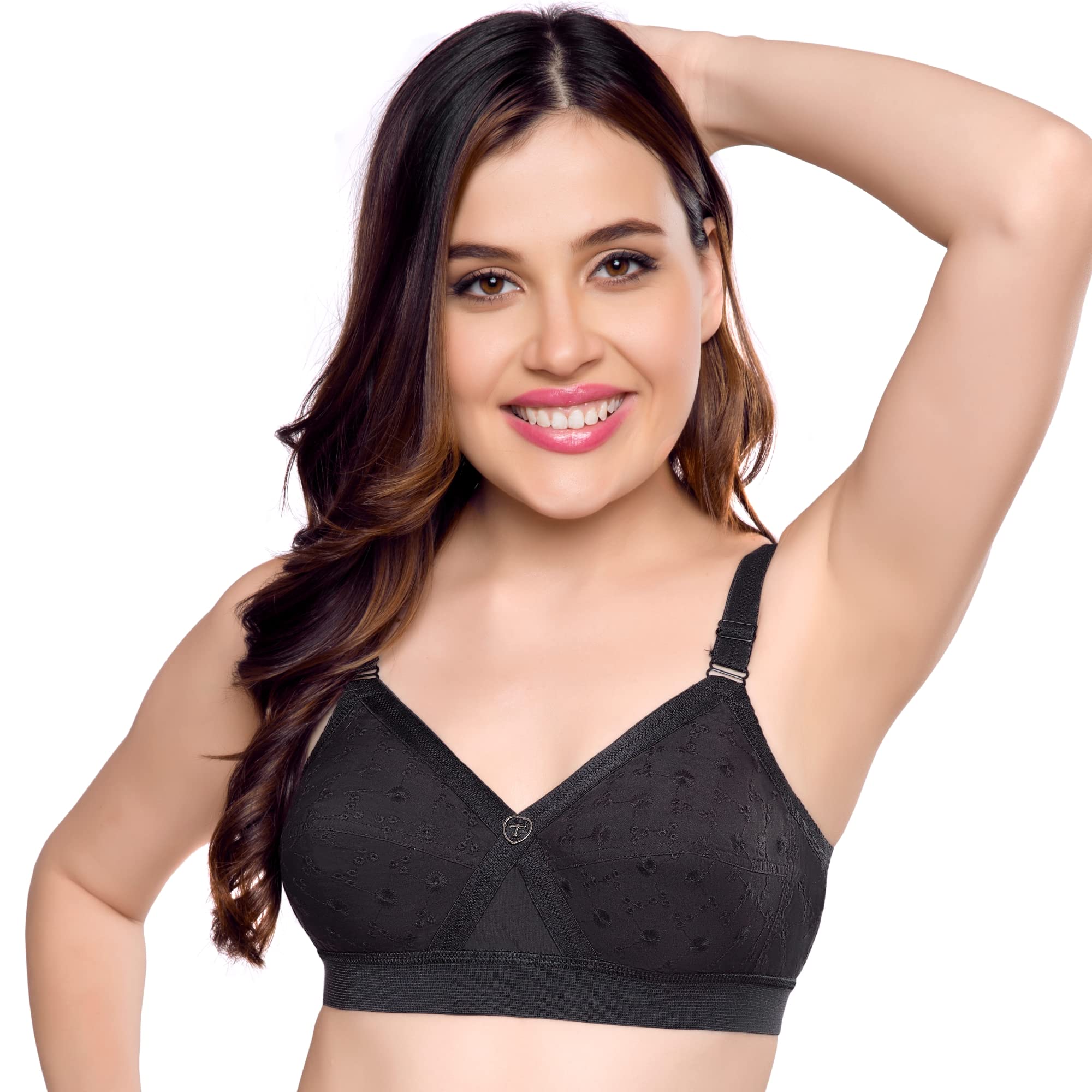 TRYLO KCH Chikan Women's Non-Wired Bra Available in Black/Skin/White Colour Available Cups B/C/D/E/F/G/H/I Sizes 32 to 46